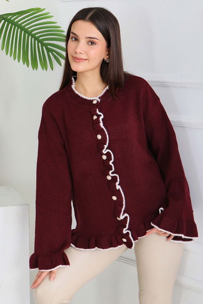 İnci Düğmeli Triko Hırka - 28005-BORDO 