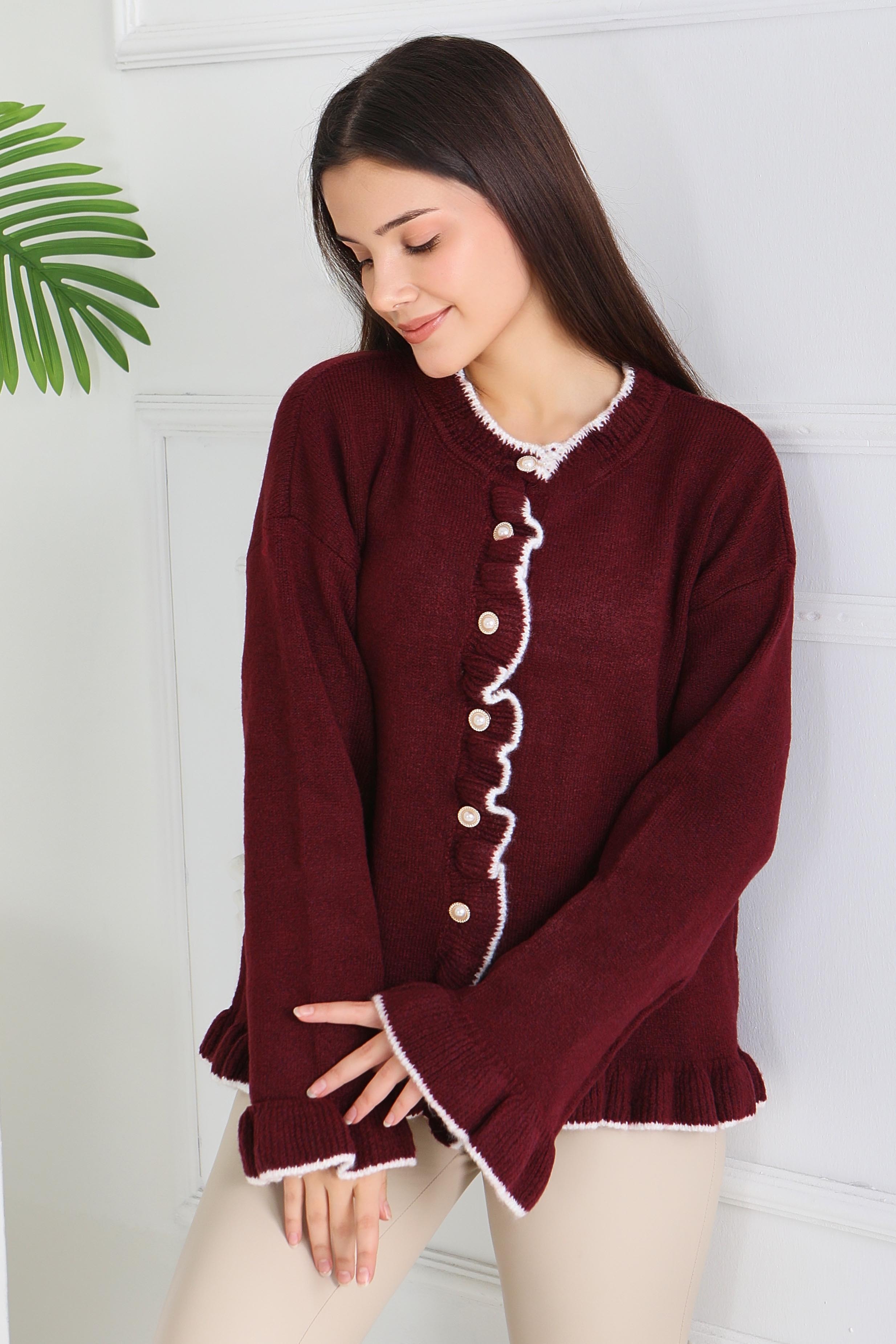 İnci Düğmeli Triko Hırka - 28005-BORDO - 2