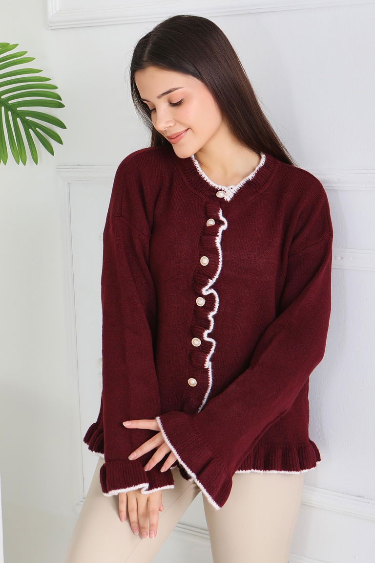 İnci Düğmeli Triko Hırka - 28005-BORDO - TOFİSA