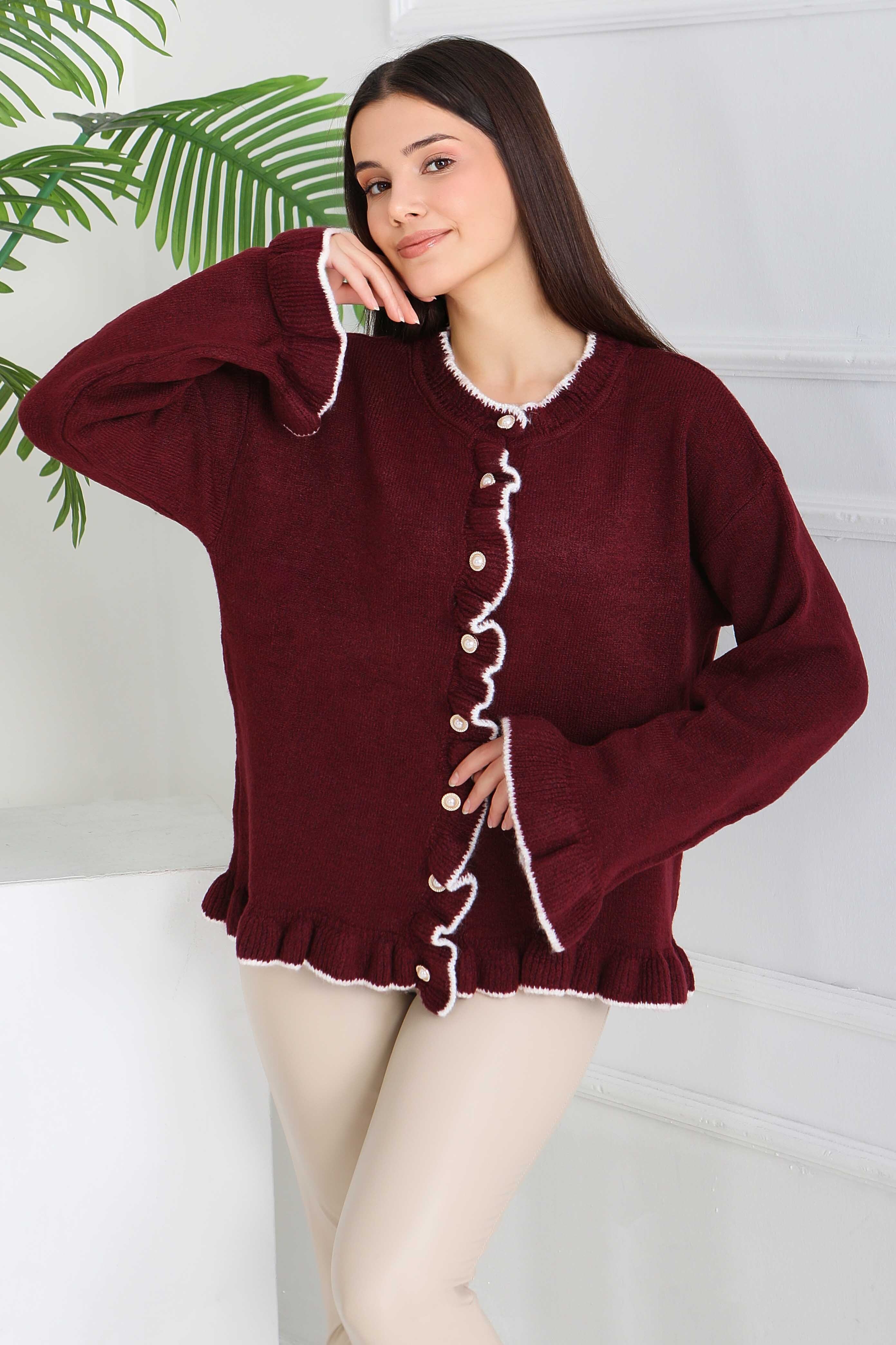 İnci Düğmeli Triko Hırka - 28005-BORDO - 3