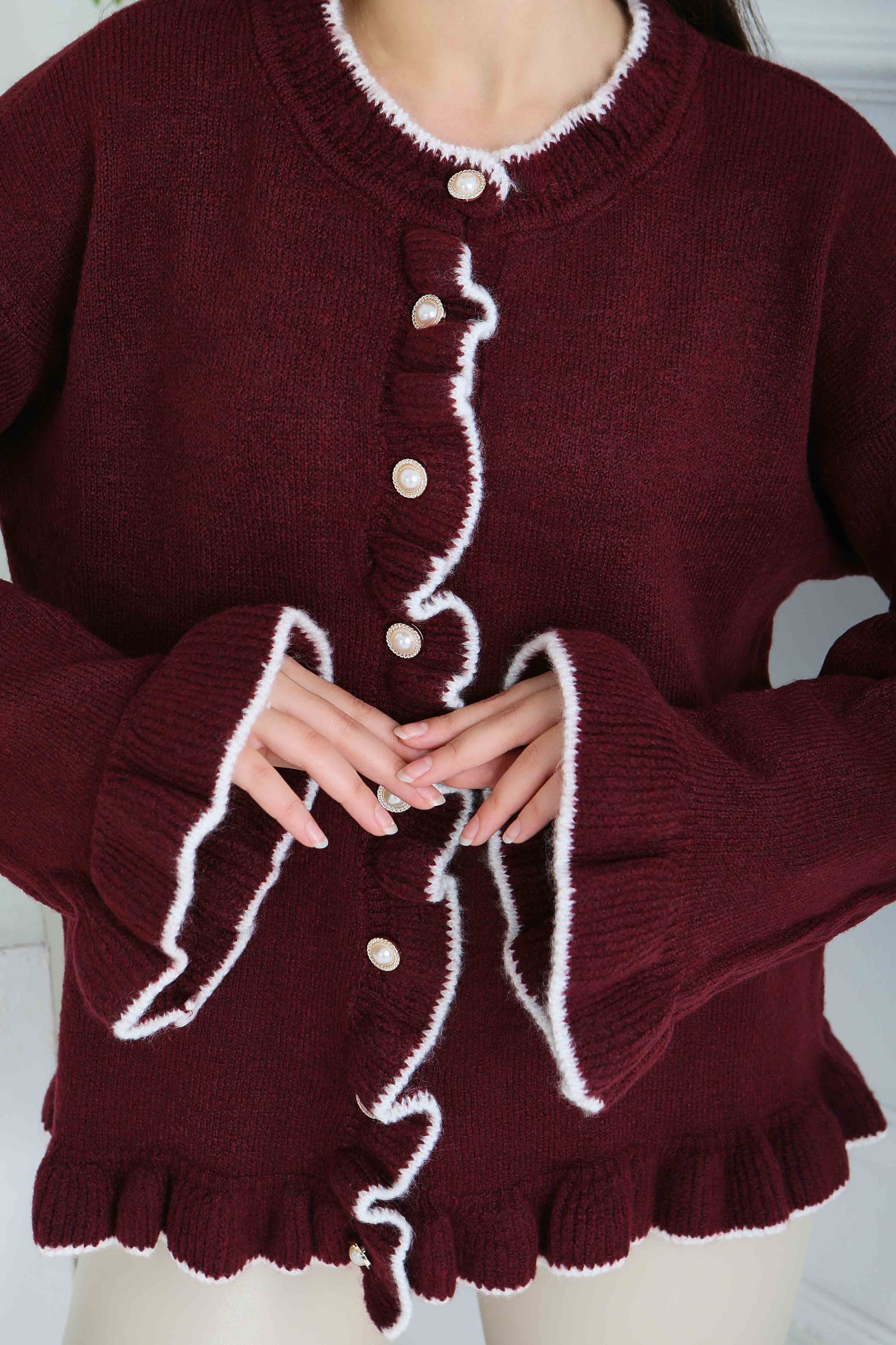 İnci Düğmeli Triko Hırka - 28005-BORDO - 4