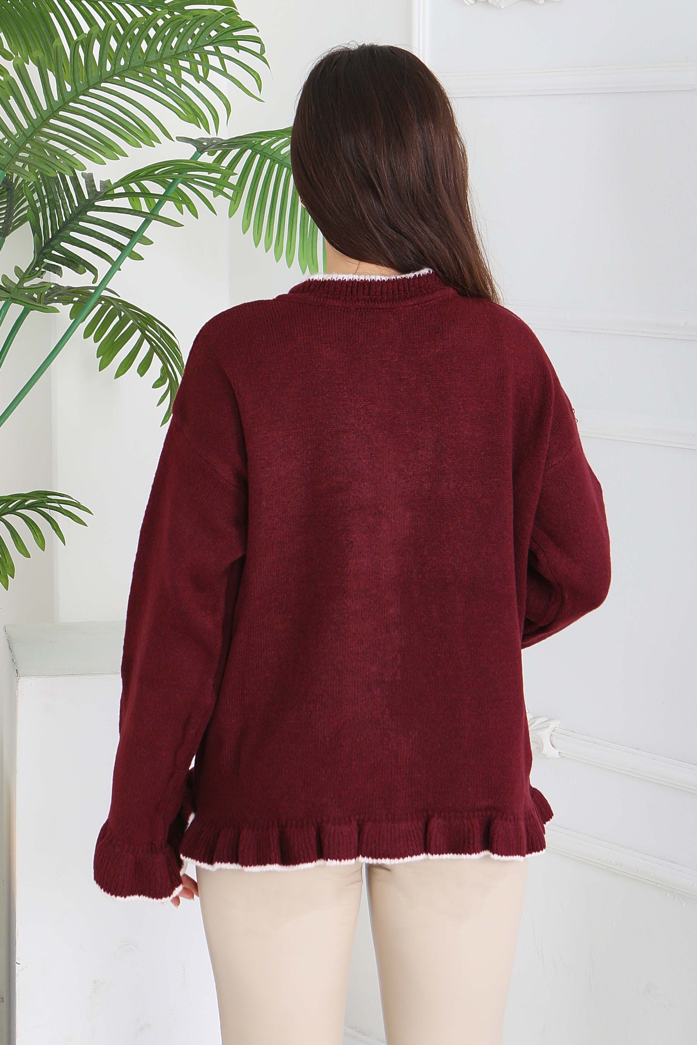 İnci Düğmeli Triko Hırka - 28005-BORDO - 5