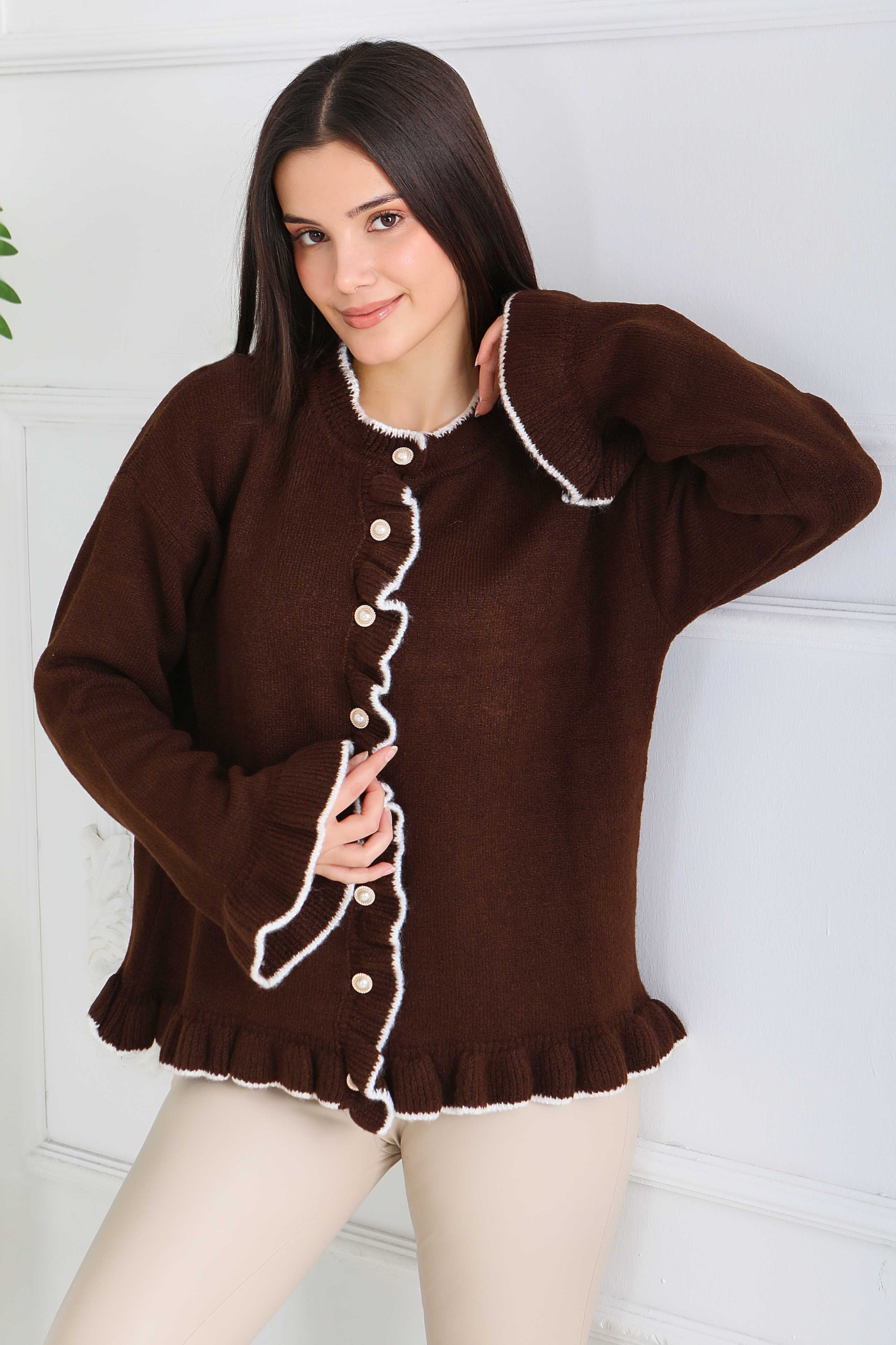 İnci Düğmeli Triko Hırka - 28005-KAHVE - 1