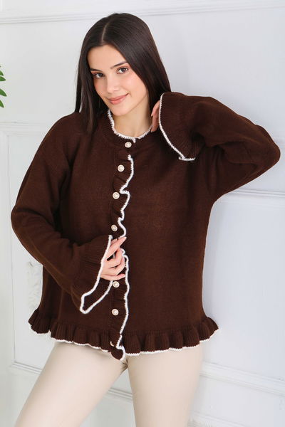 İnci Düğmeli Triko Hırka - 28005-KAHVE 