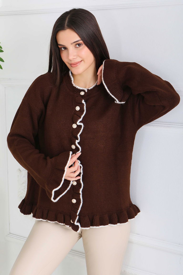 İnci Düğmeli Triko Hırka - 28005-KAHVE - TOFİSA
