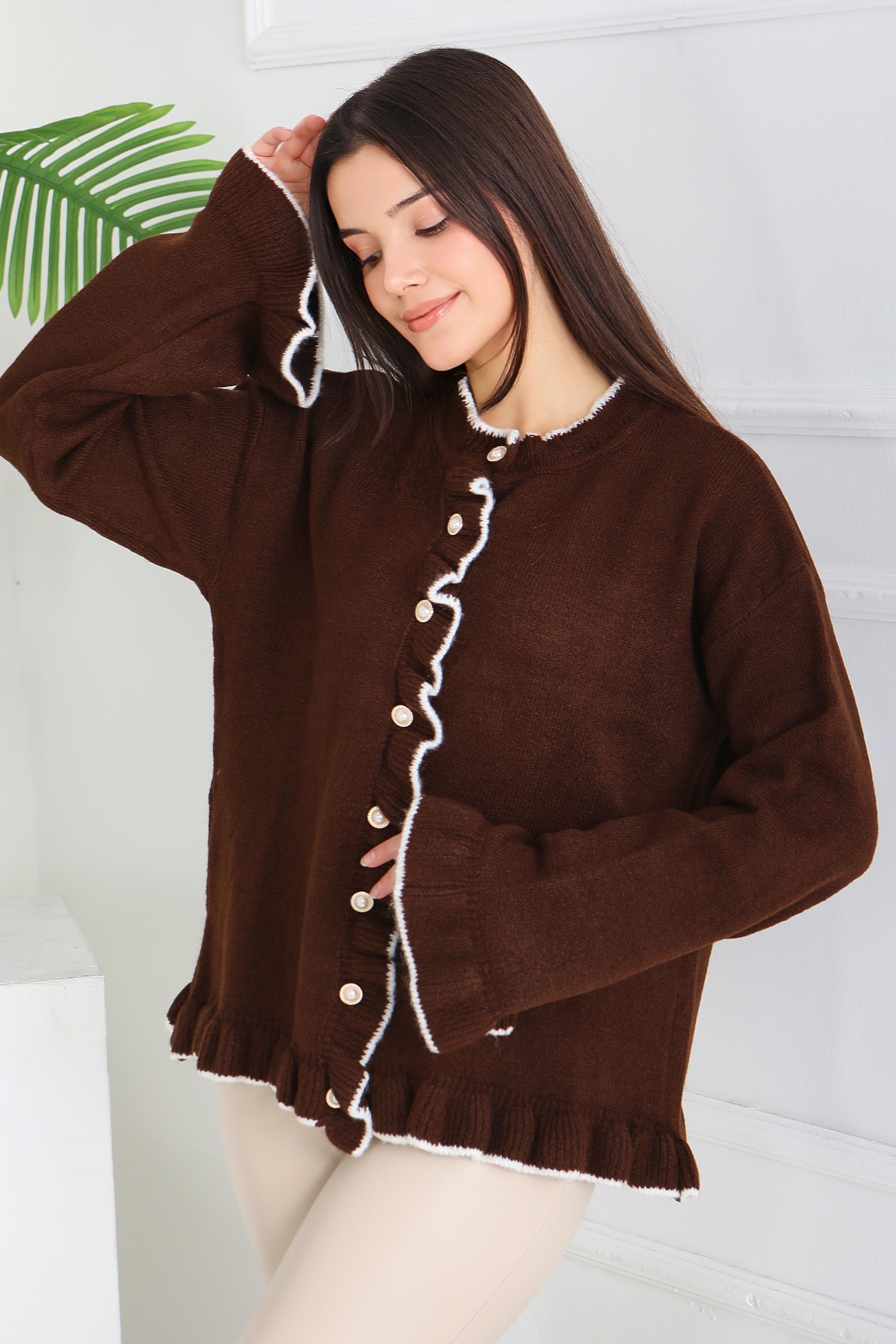 İnci Düğmeli Triko Hırka - 28005-KAHVE - 2