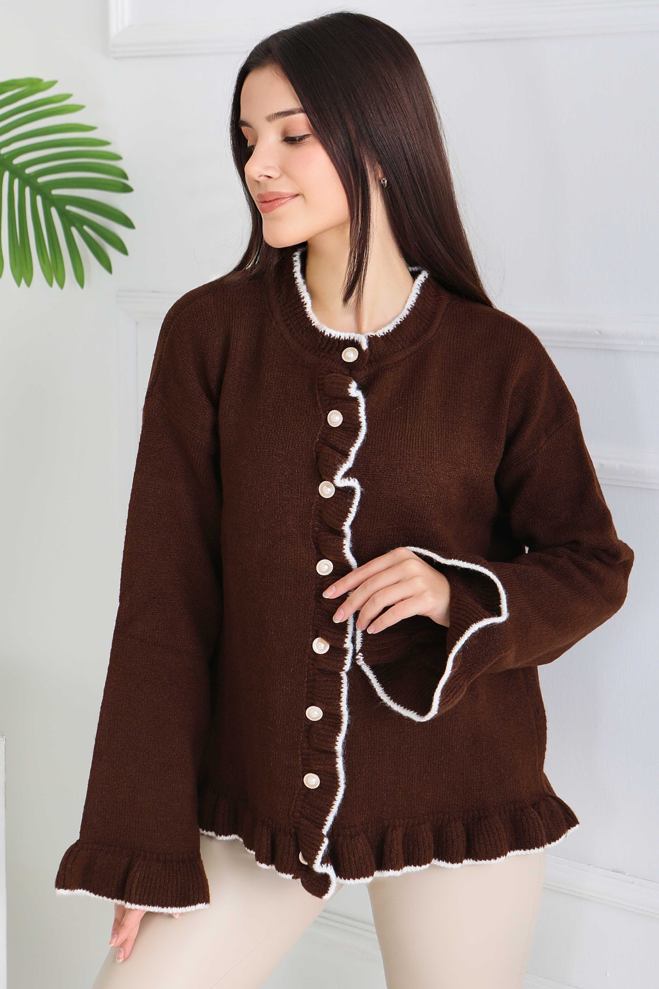 İnci Düğmeli Triko Hırka - 28005-KAHVE - 3