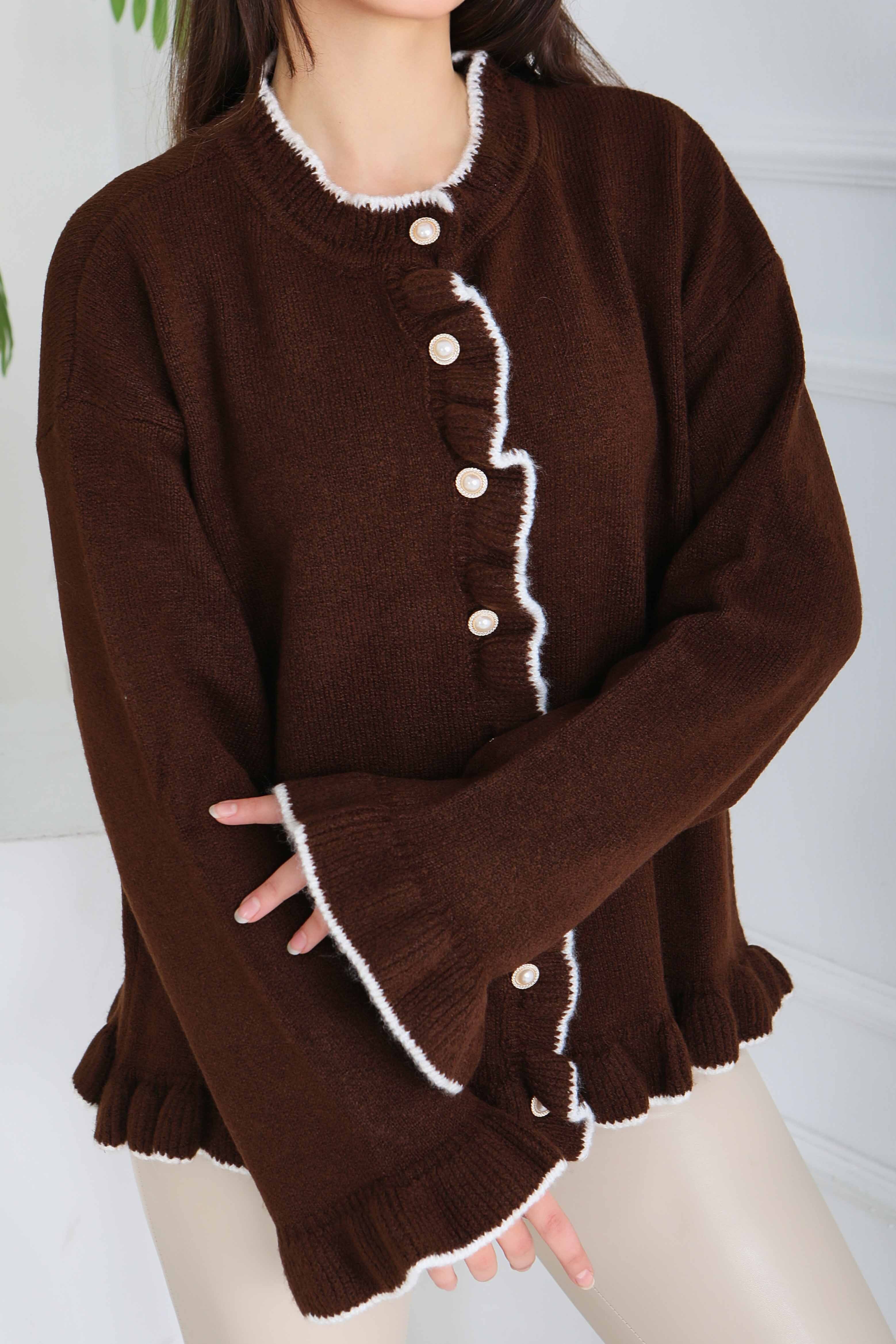 İnci Düğmeli Triko Hırka - 28005-KAHVE - 4