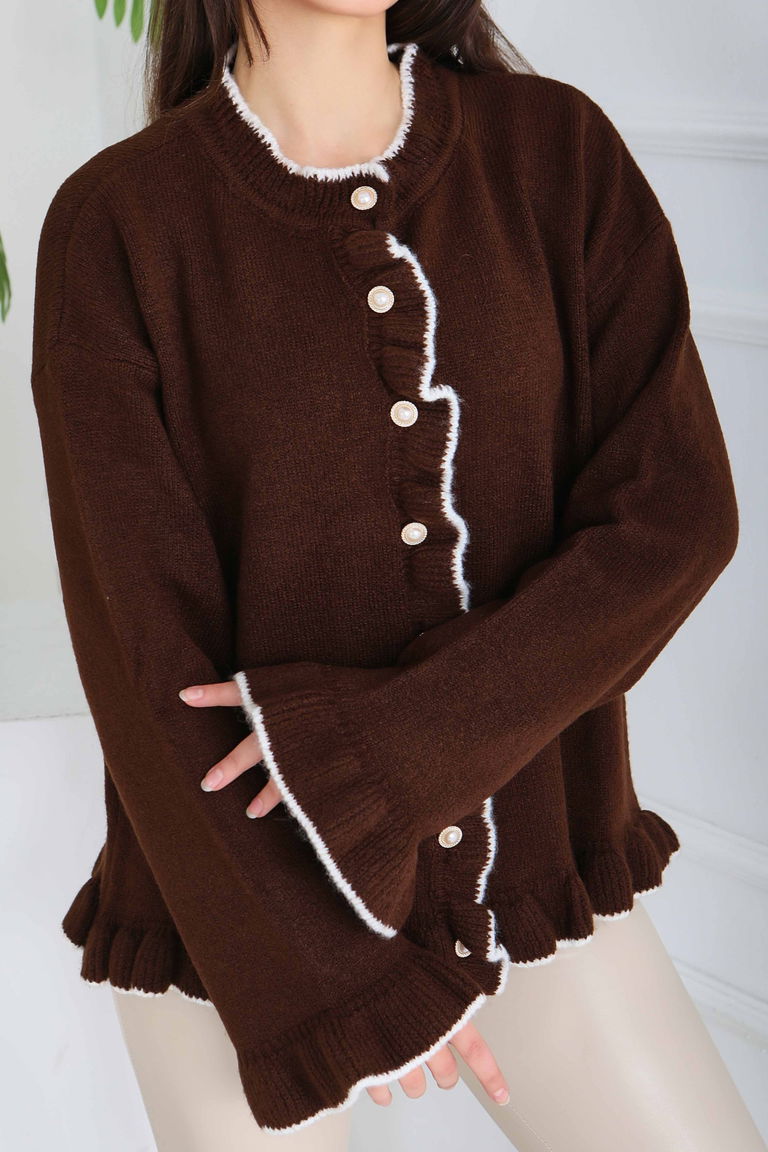 İnci Düğmeli Triko Hırka - 28005-KAHVE - TOFİSA