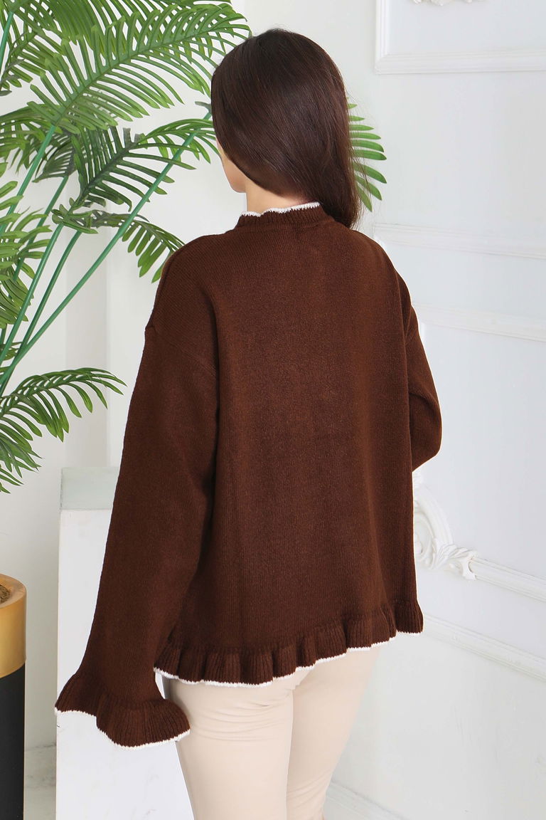 İnci Düğmeli Triko Hırka - 28005-KAHVE - TOFİSA