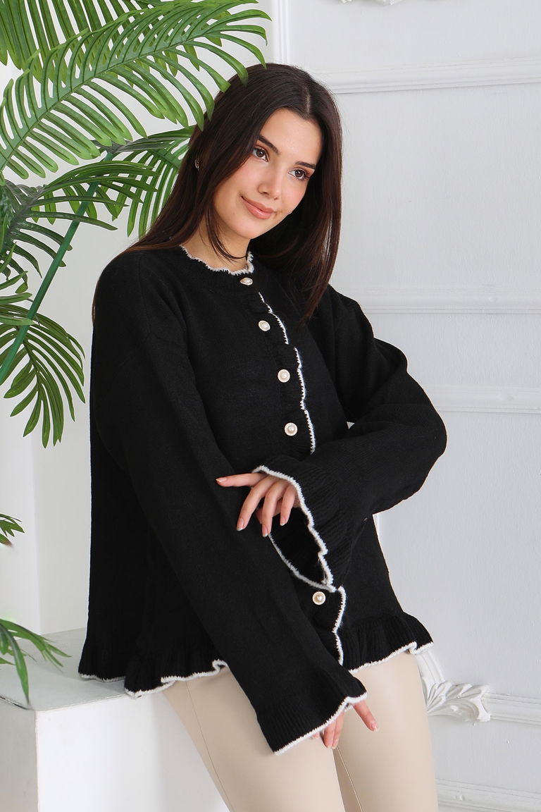 İnci Düğmeli Triko Hırka - 28005-SIYAH - TOFİSA