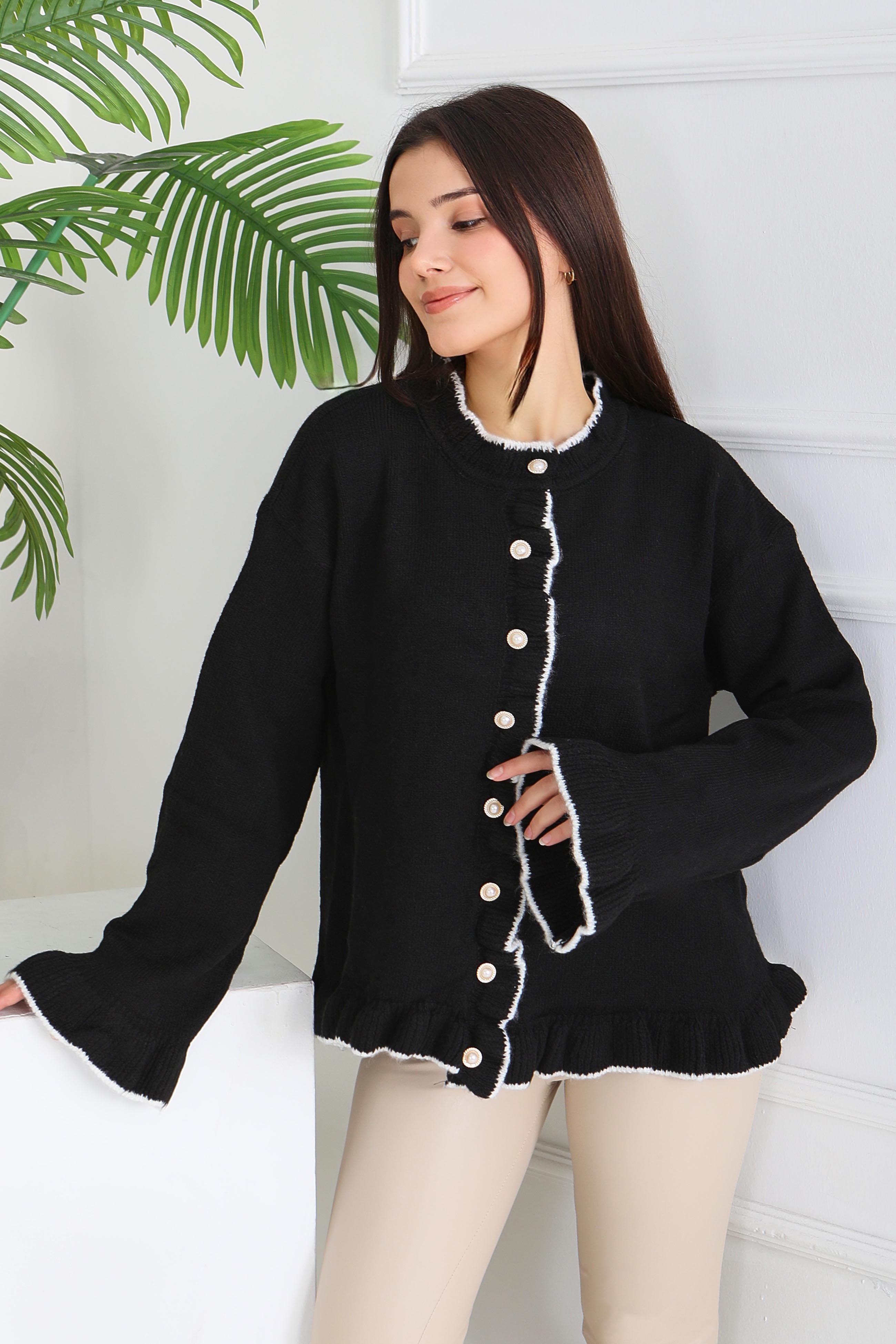 İnci Düğmeli Triko Hırka - 28005-SIYAH - 2