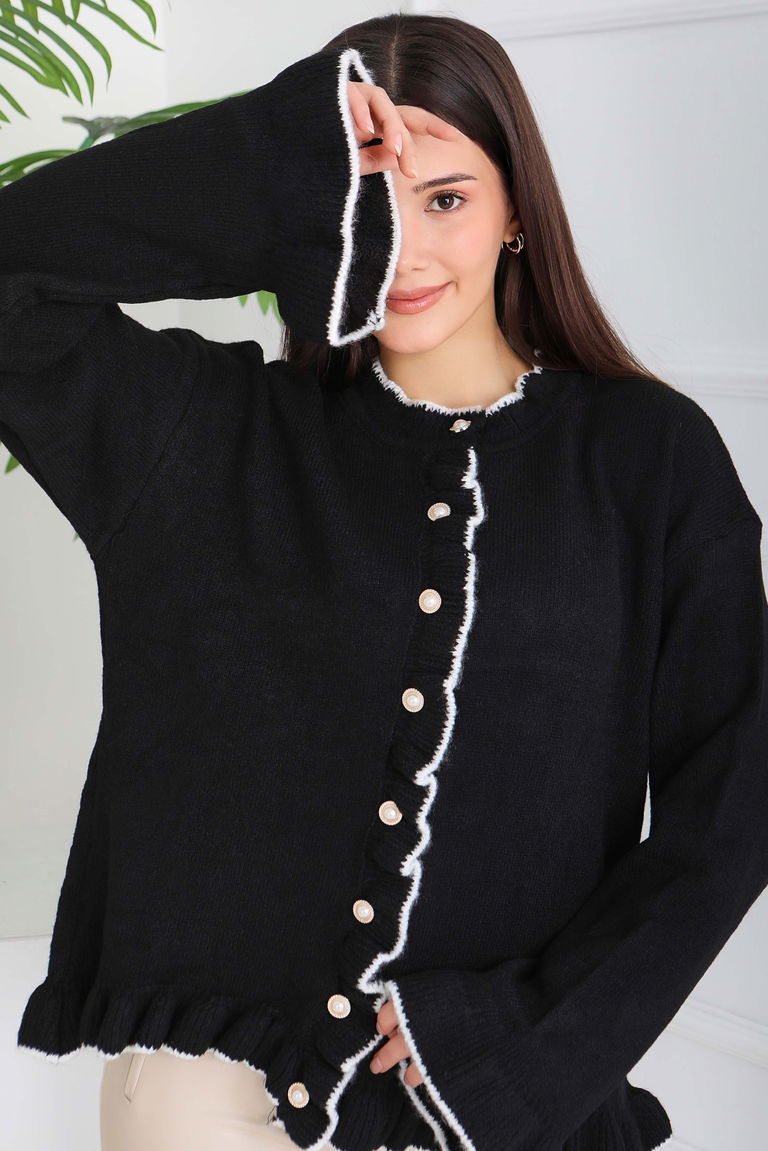 İnci Düğmeli Triko Hırka - 28005-SIYAH - TOFİSA