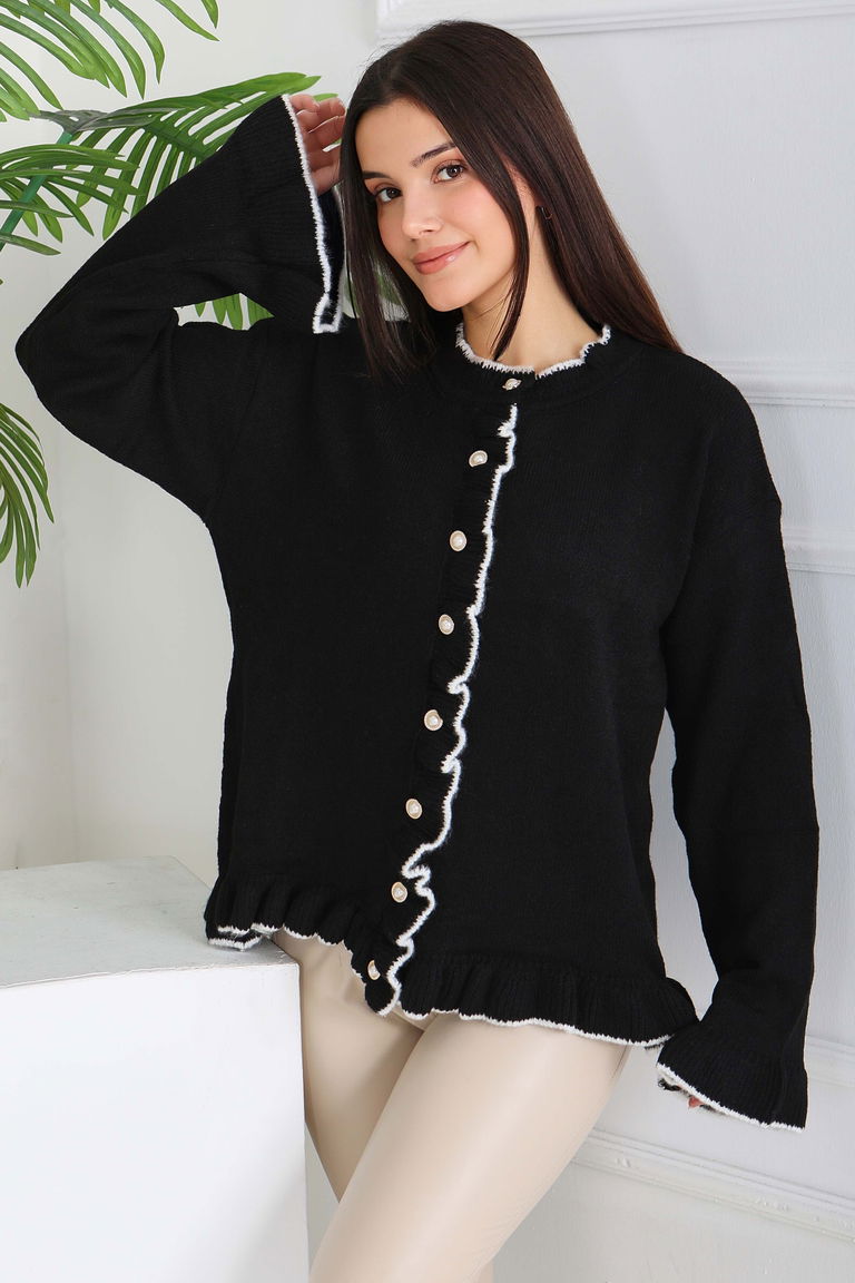 İnci Düğmeli Triko Hırka - 28005-SIYAH - TOFİSA