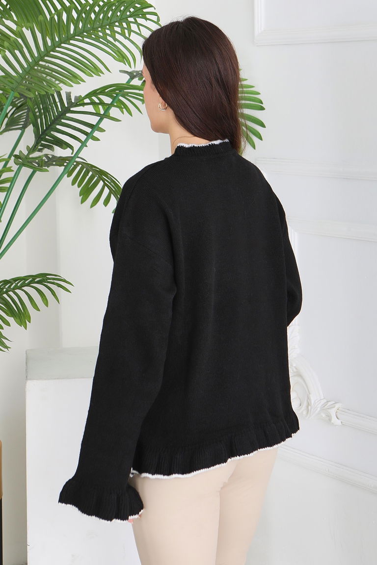 İnci Düğmeli Triko Hırka - 28005-SIYAH - TOFİSA