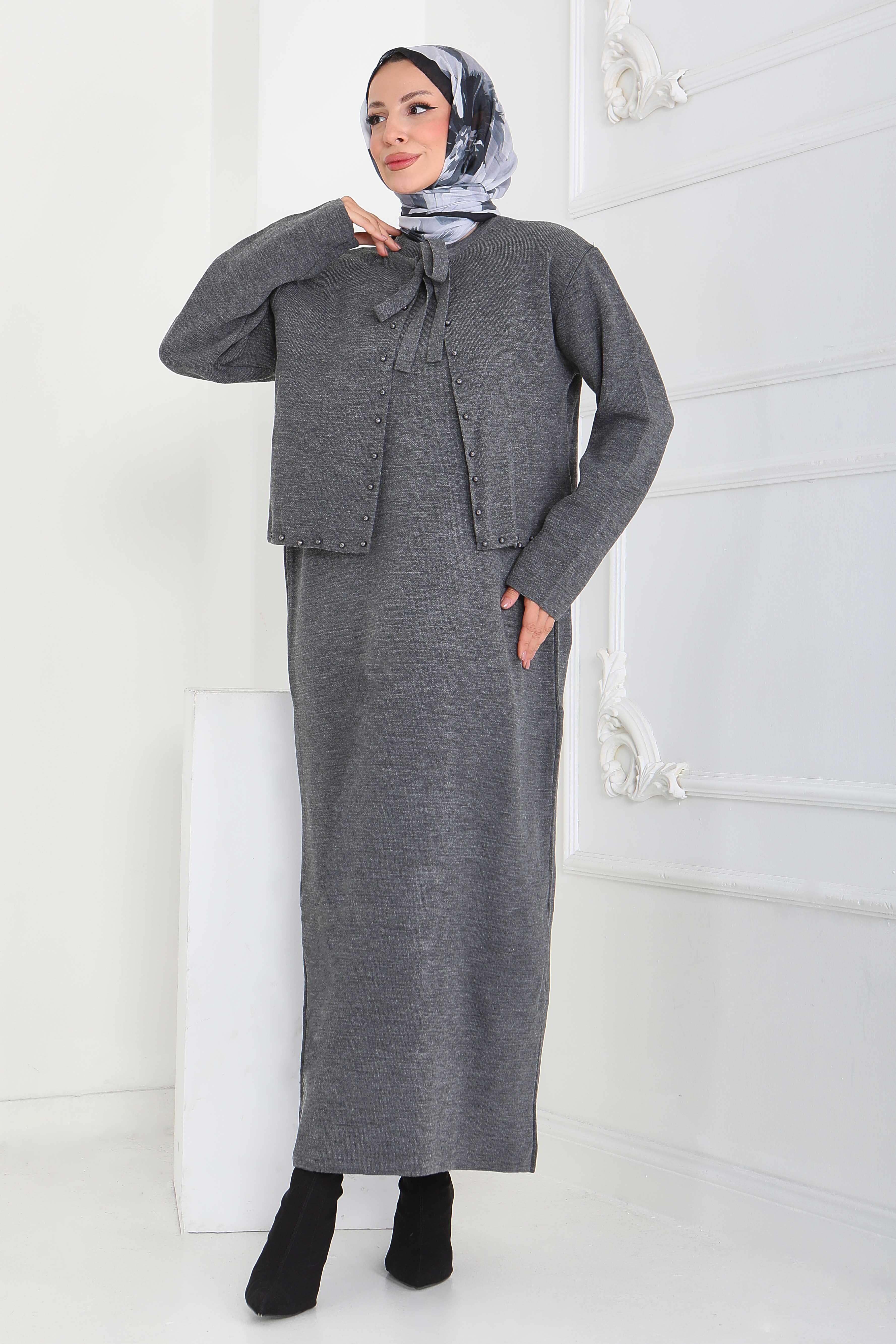 İncili Bolero Elbise Triko Takım - 27928-ANTRASIT - 1
