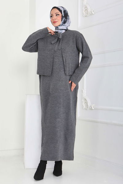 İncili Bolero Elbise Triko Takım - 27928-ANTRASIT 