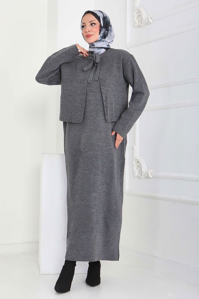 İncili Bolero Elbise Triko Takım - 27928-ANTRASIT - TOFİSA