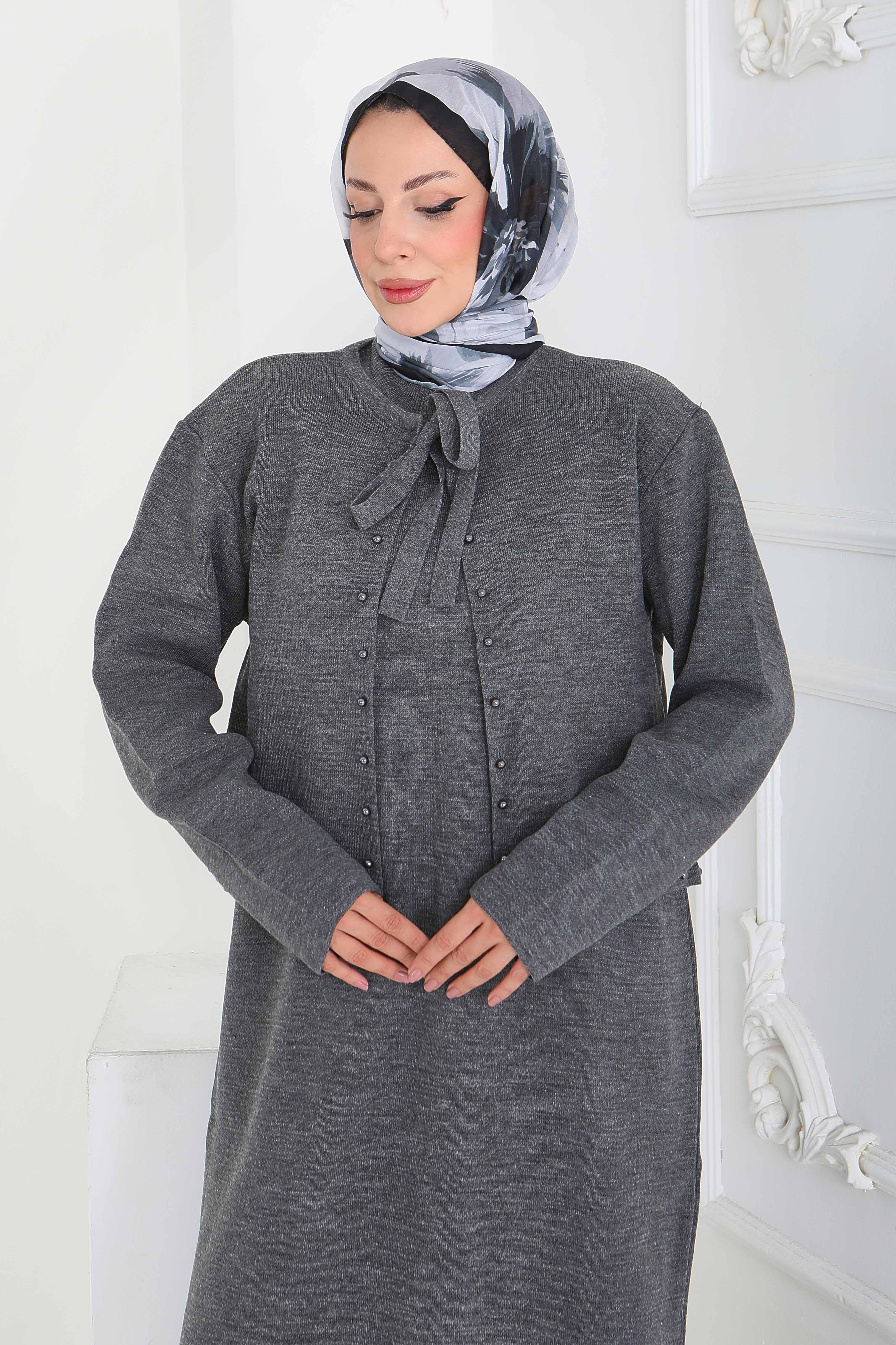 İncili Bolero Elbise Triko Takım - 27928-ANTRASIT - 2
