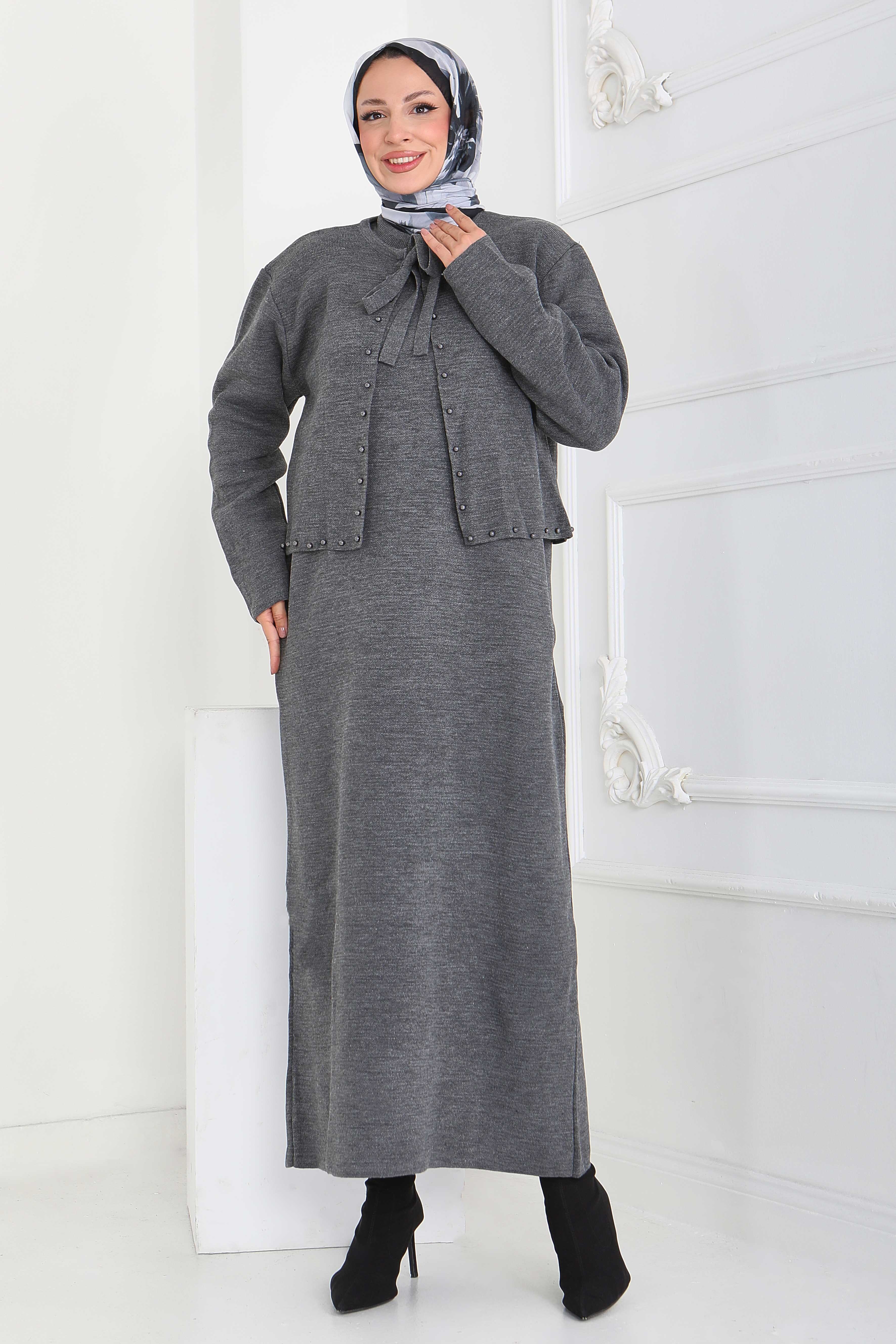 İncili Bolero Elbise Triko Takım - 27928-ANTRASIT - 3