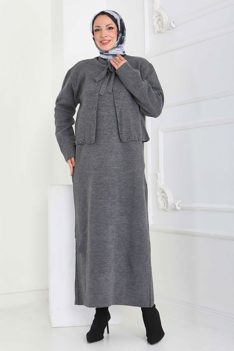İncili Bolero Elbise Triko Takım - 27928-ANTRASIT - TOFİSA