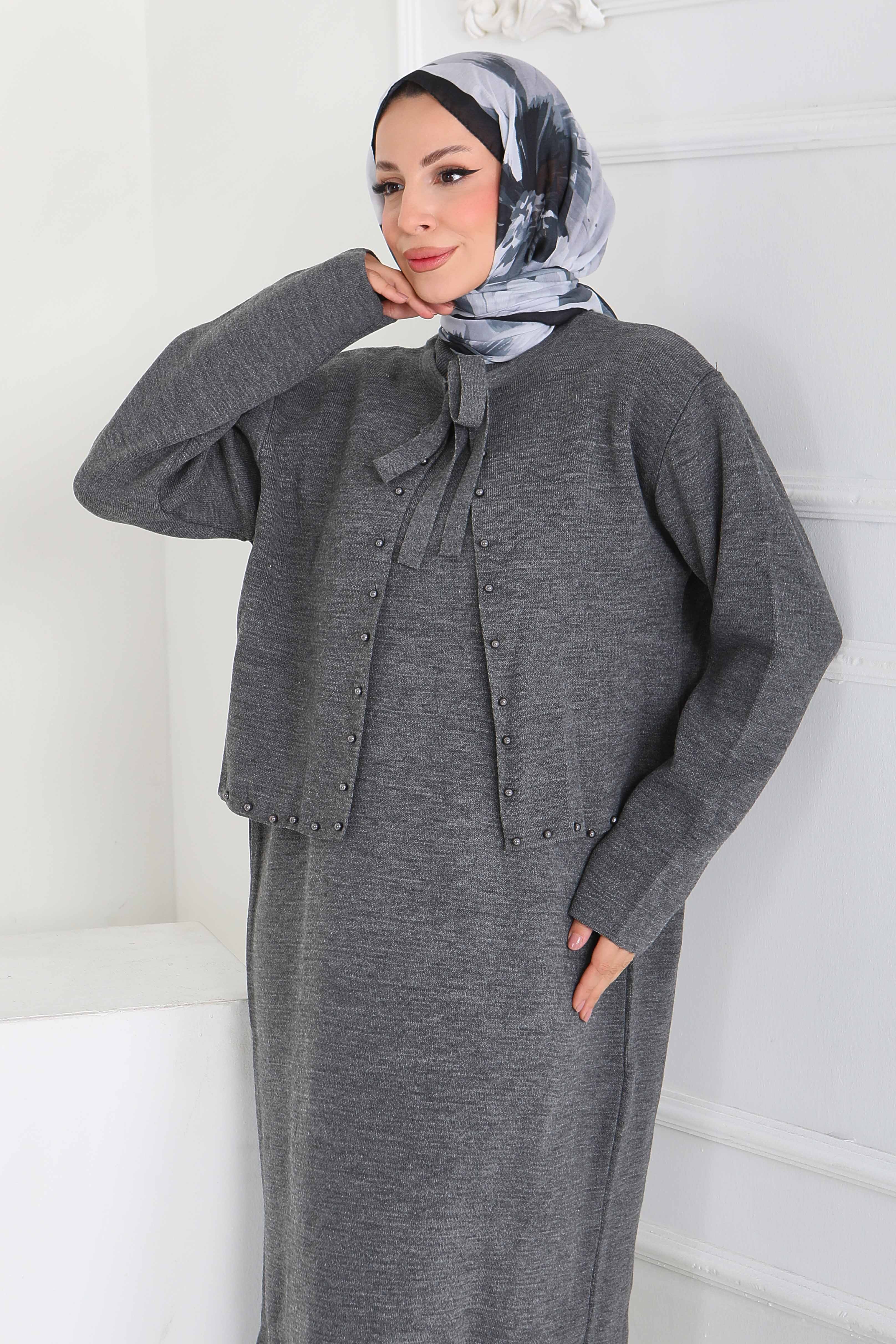 İncili Bolero Elbise Triko Takım - 27928-ANTRASIT - 4