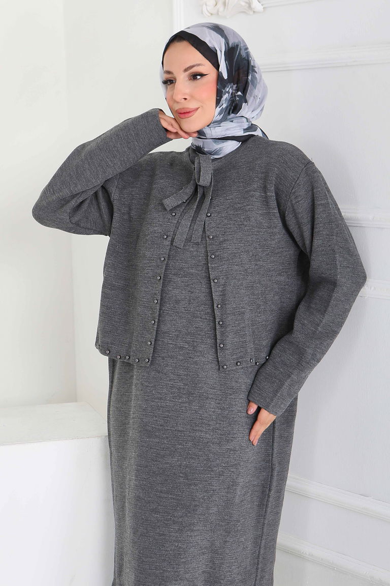 İncili Bolero Elbise Triko Takım - 27928-ANTRASIT - TOFİSA
