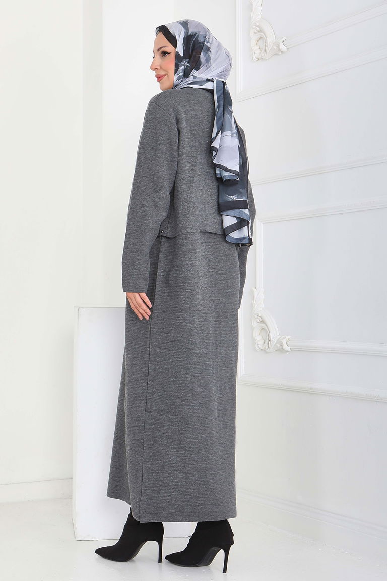 İncili Bolero Elbise Triko Takım - 27928-ANTRASIT - TOFİSA