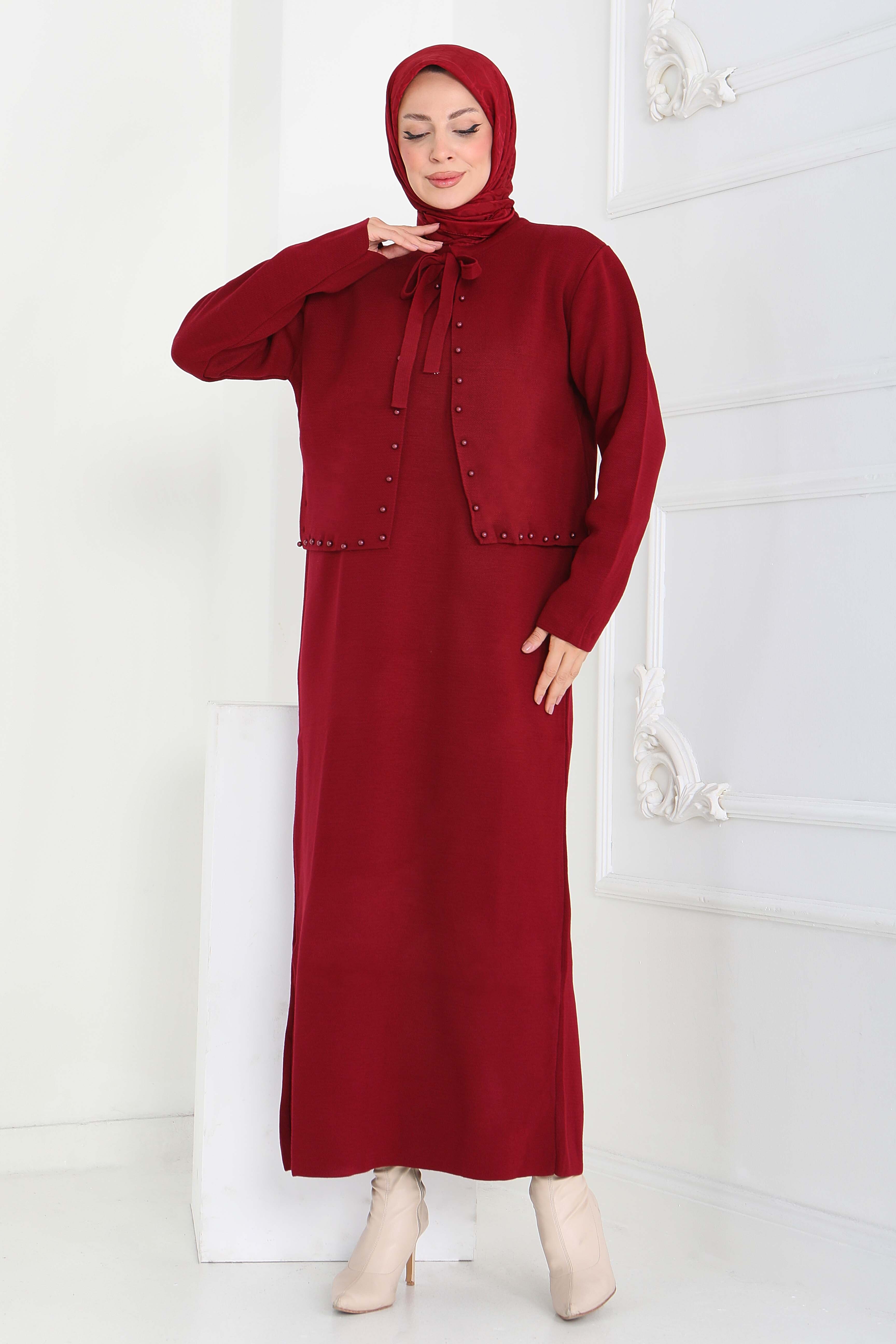 İncili Bolero Elbise Triko Takım - 27928-BORDO - 1