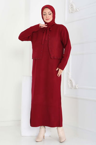 İncili Bolero Elbise Triko Takım - 27928-BORDO 