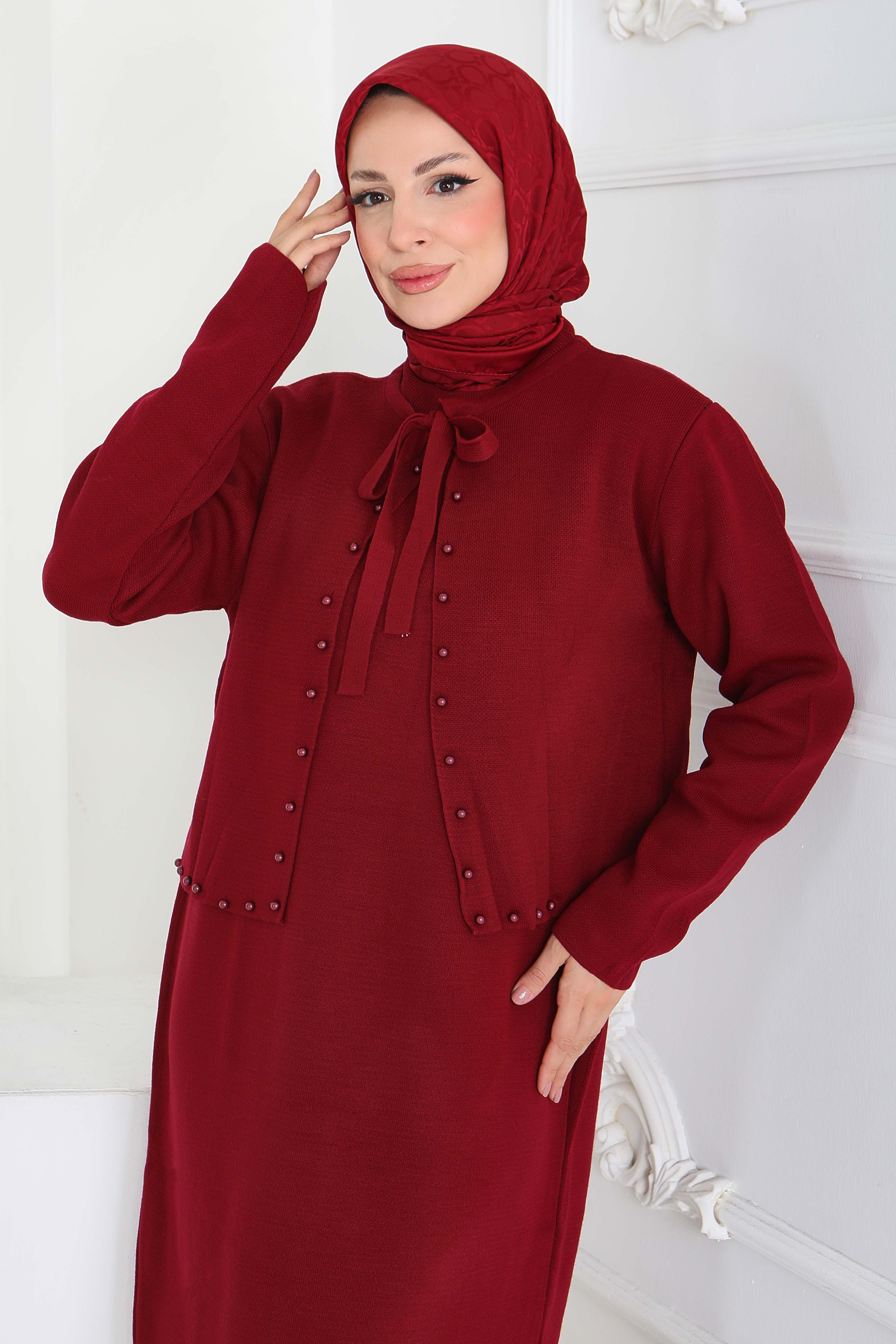 İncili Bolero Elbise Triko Takım - 27928-BORDO - 2