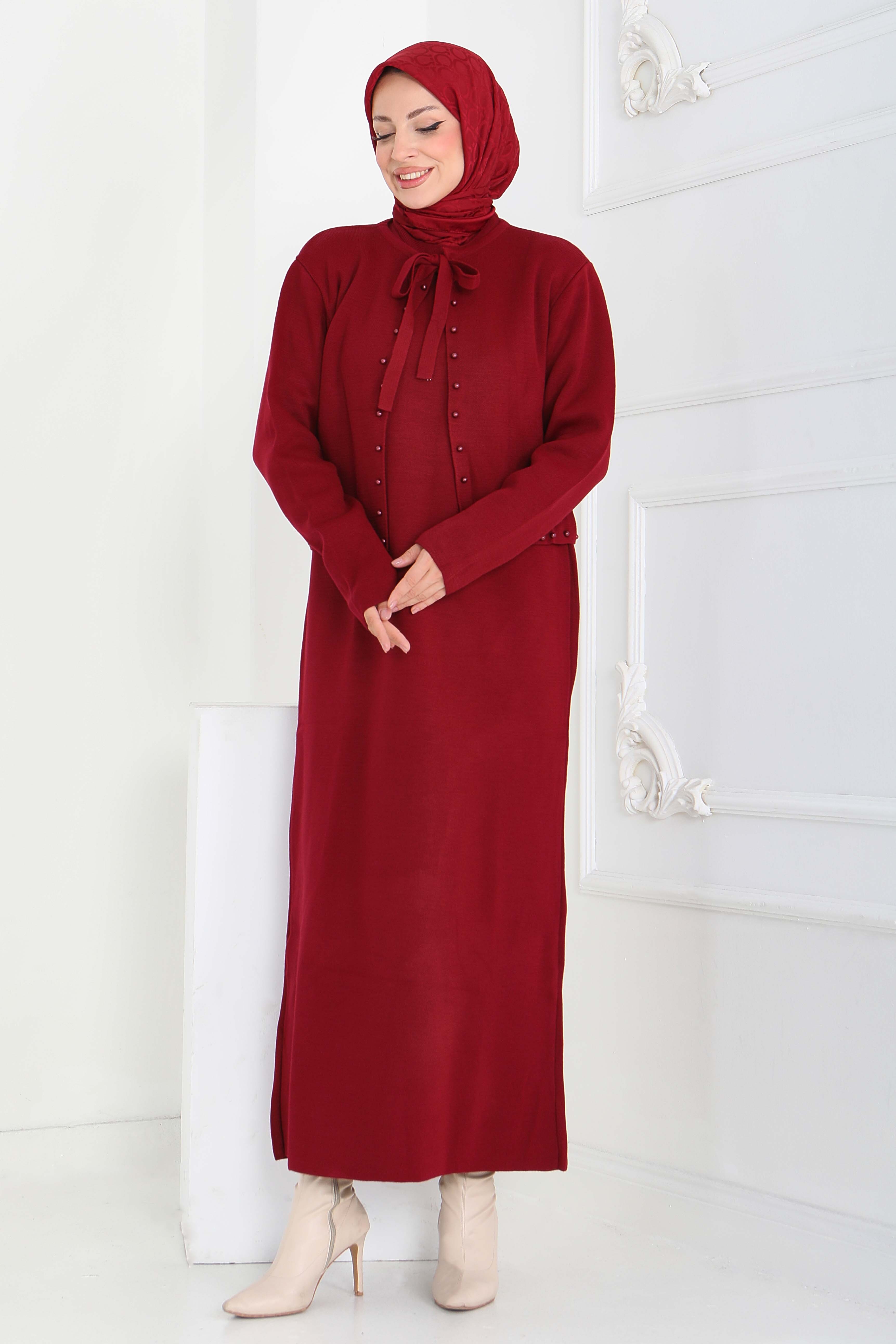 İncili Bolero Elbise Triko Takım - 27928-BORDO - 3