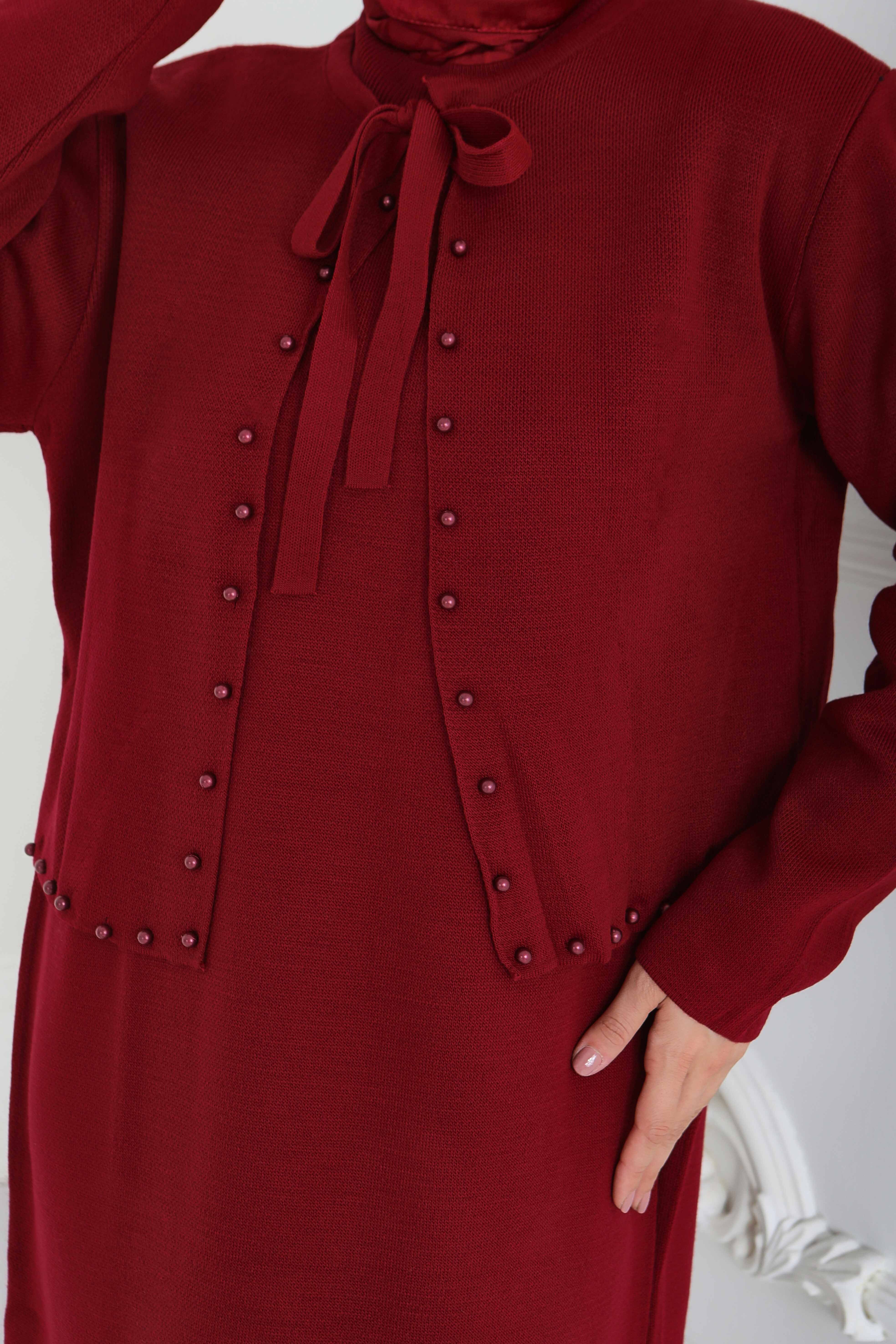 İncili Bolero Elbise Triko Takım - 27928-BORDO - 4