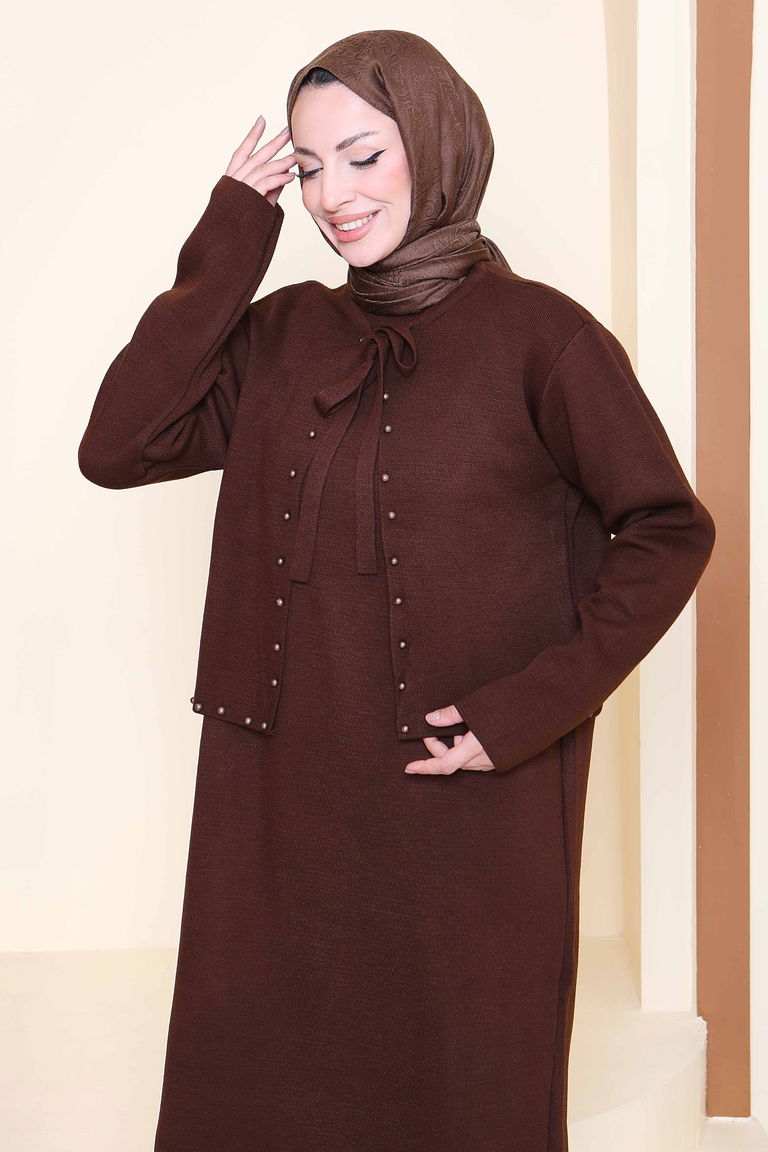 İncili Bolero Elbise Triko Takım - 27928-KAHVE - TOFİSA