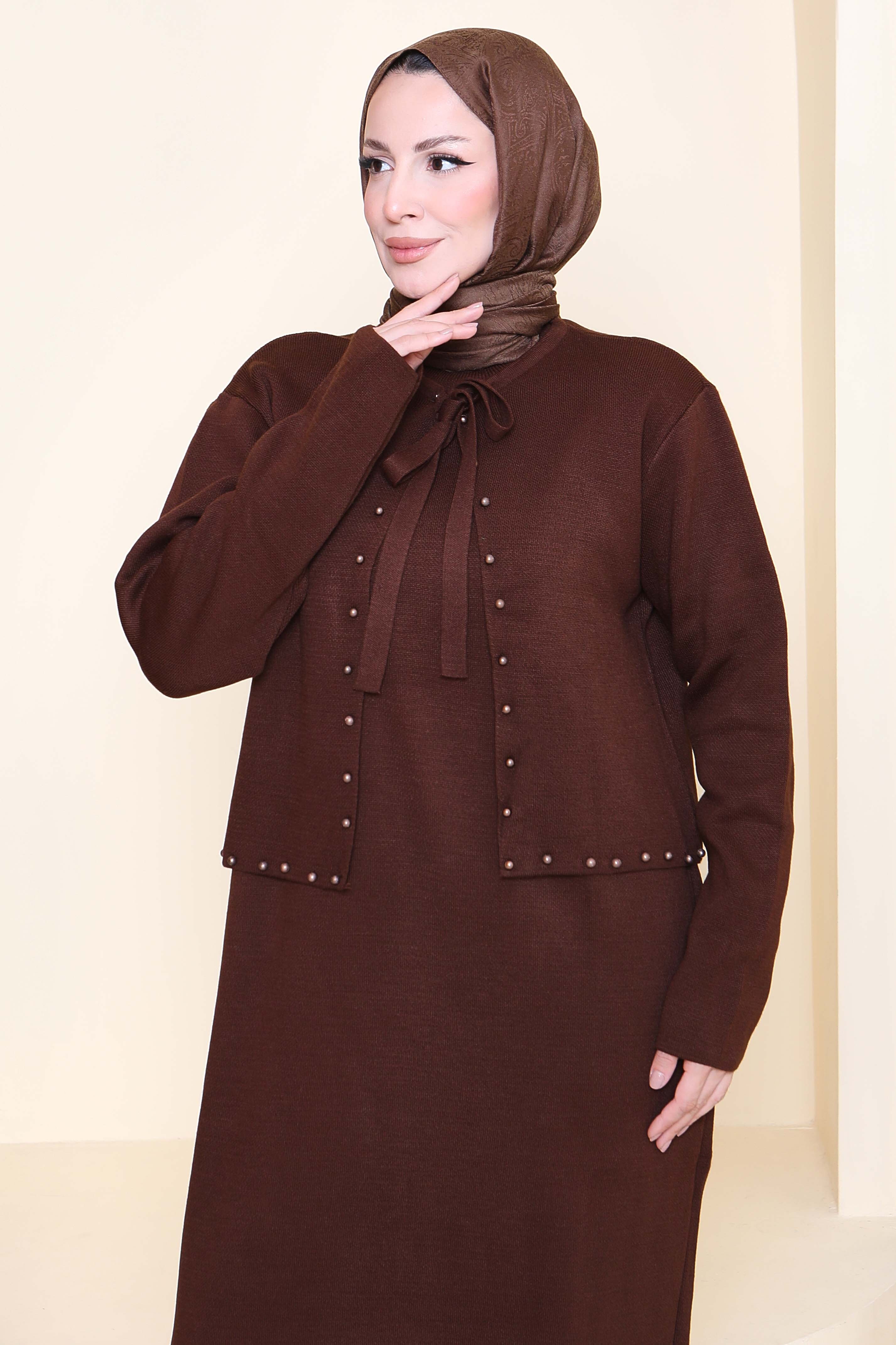 İncili Bolero Elbise Triko Takım - 27928-KAHVE - 3