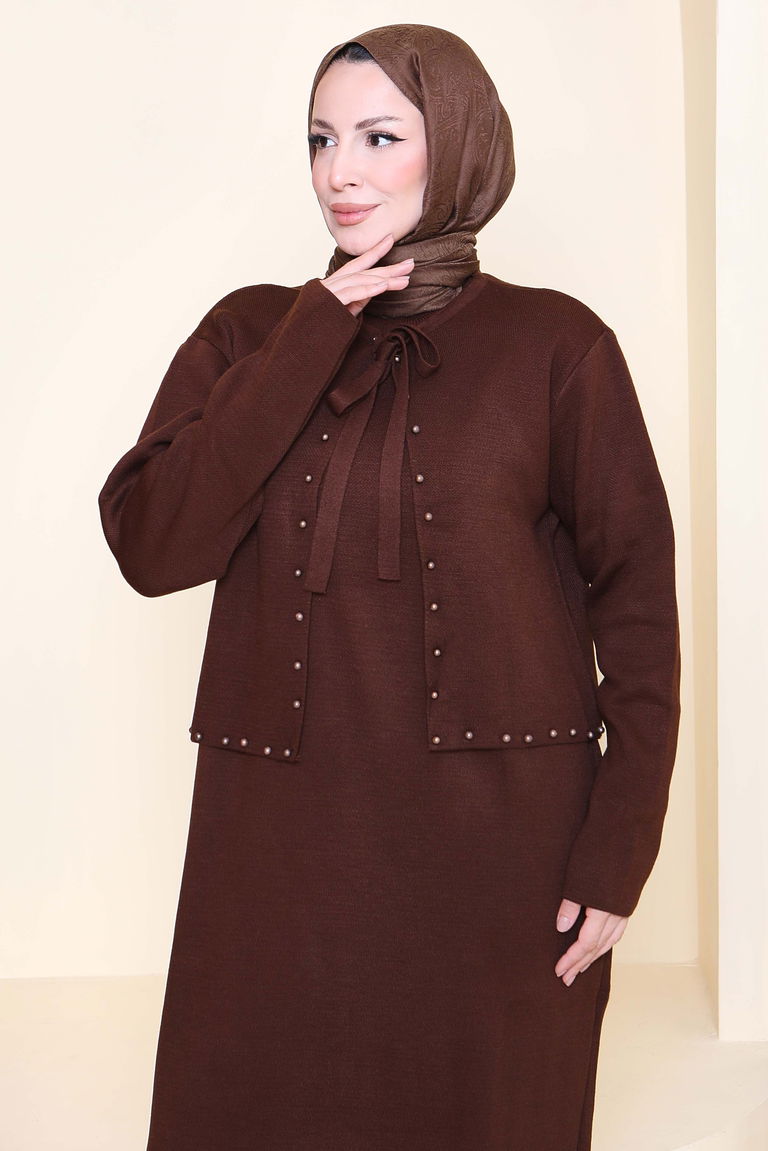 İncili Bolero Elbise Triko Takım - 27928-KAHVE - TOFİSA