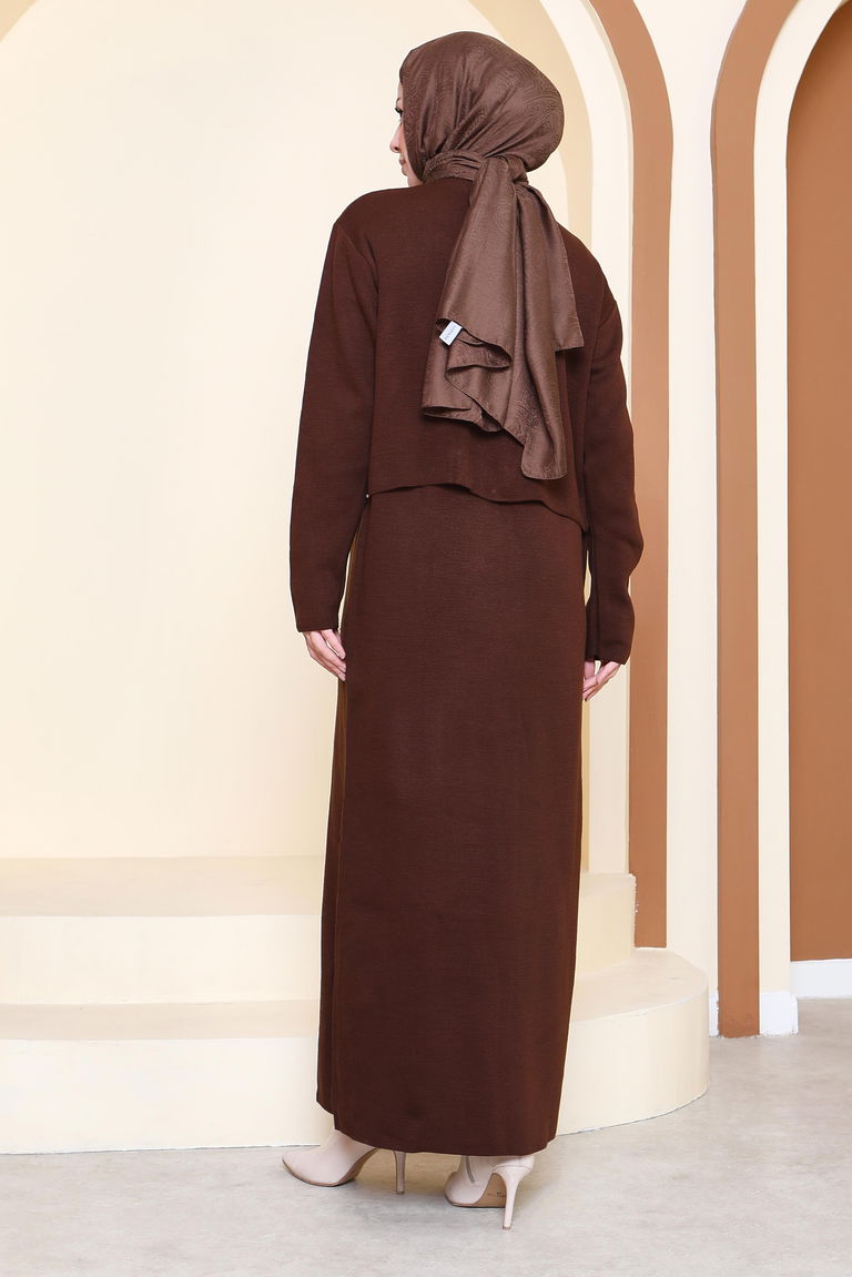 İncili Bolero Elbise Triko Takım - 27928-KAHVE - TOFİSA