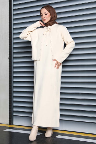 İncili Bolero Elbise Triko Takım - 27928-KREM 
