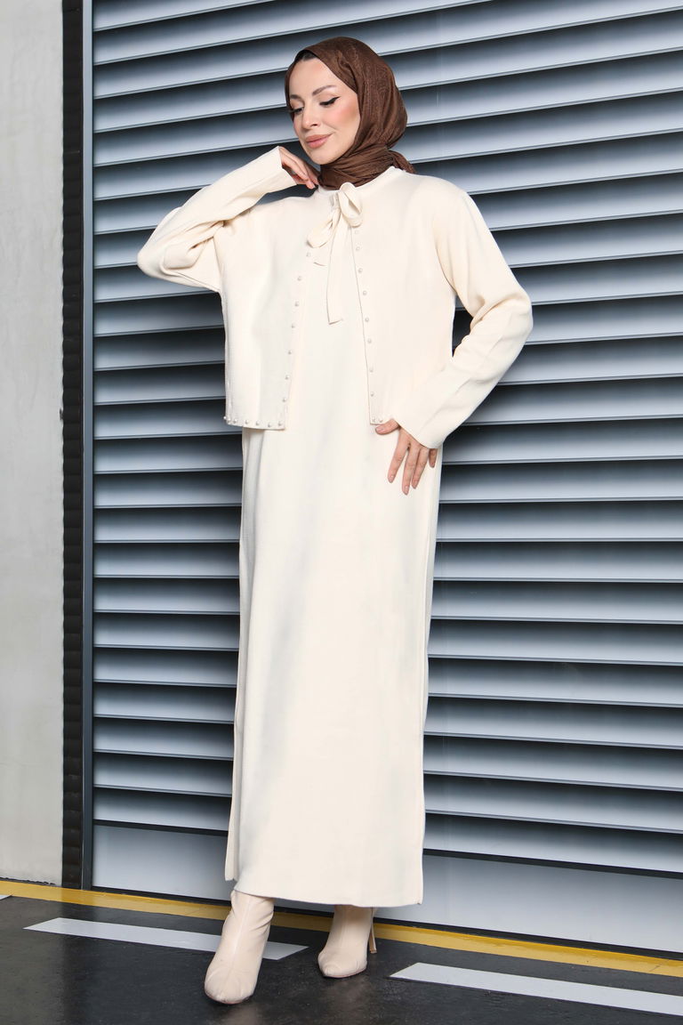 İncili Bolero Elbise Triko Takım - 27928-KREM - TOFİSA