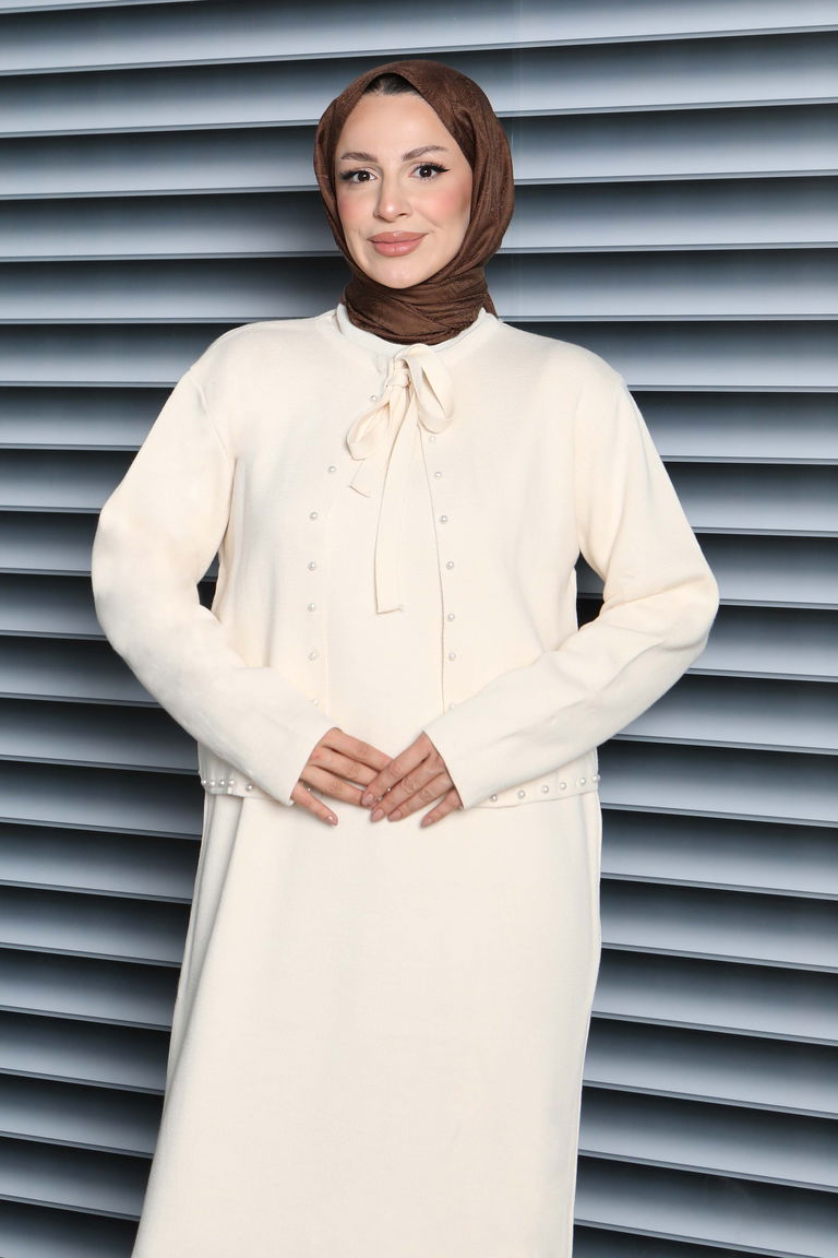 İncili Bolero Elbise Triko Takım - 27928-KREM - TOFİSA