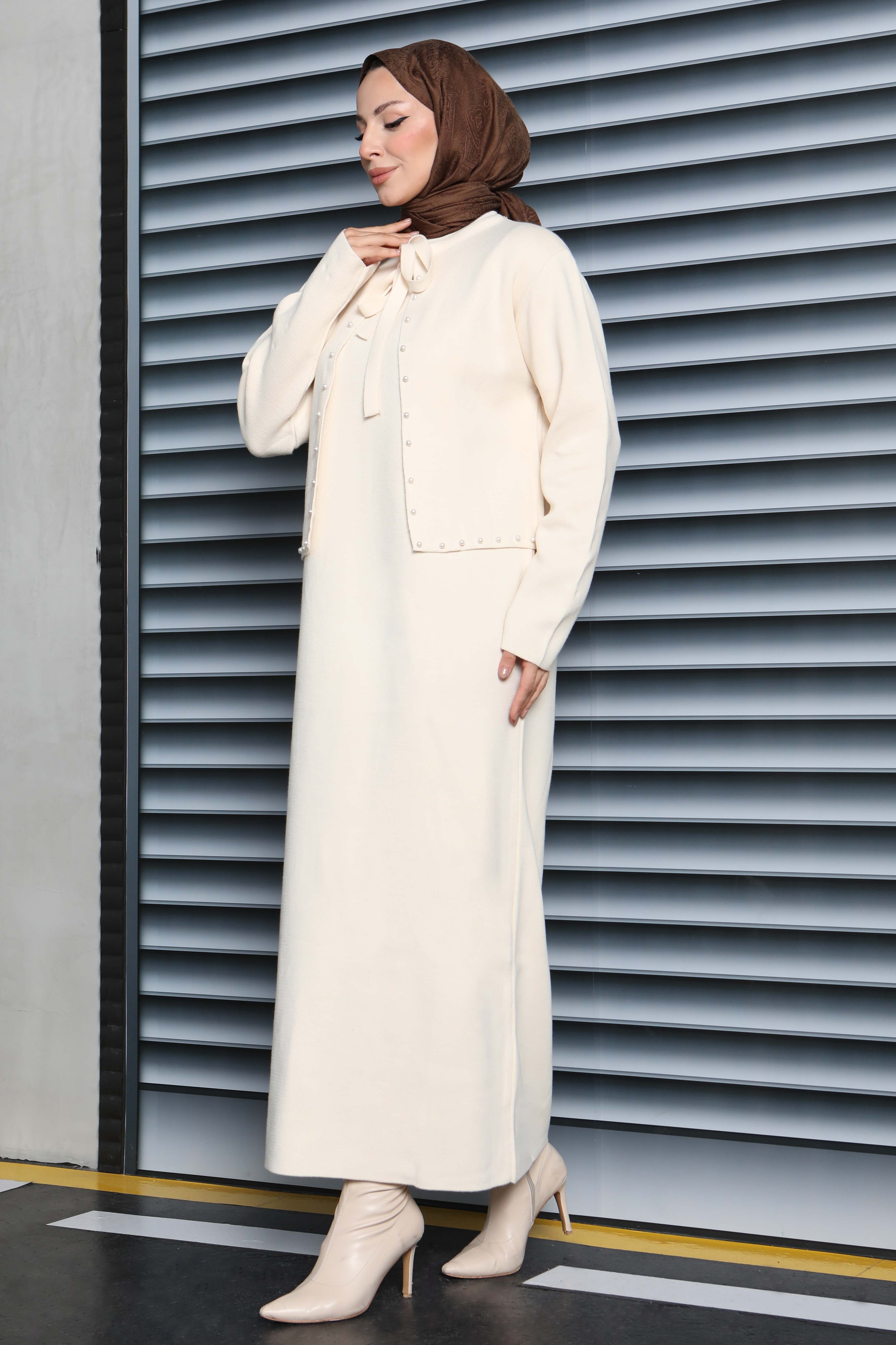 İncili Bolero Elbise Triko Takım - 27928-KREM - 3