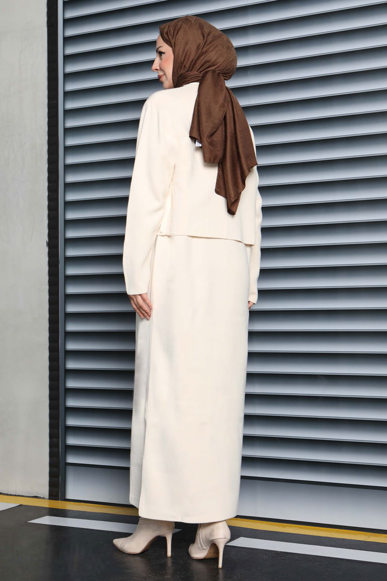 İncili Bolero Elbise Triko Takım - 27928-KREM - TOFİSA