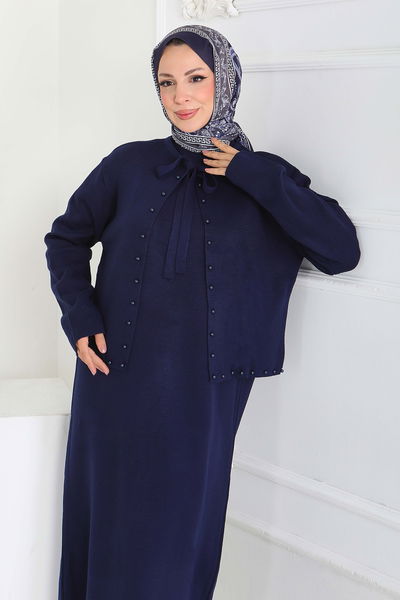 İncili Bolero Elbise Triko Takım - 27928-LACIVERT 