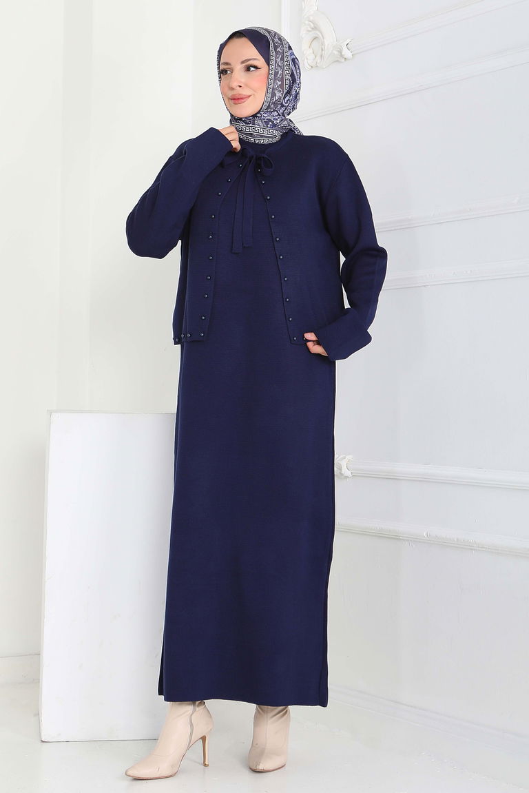 İncili Bolero Elbise Triko Takım - 27928-LACIVERT - TOFİSA