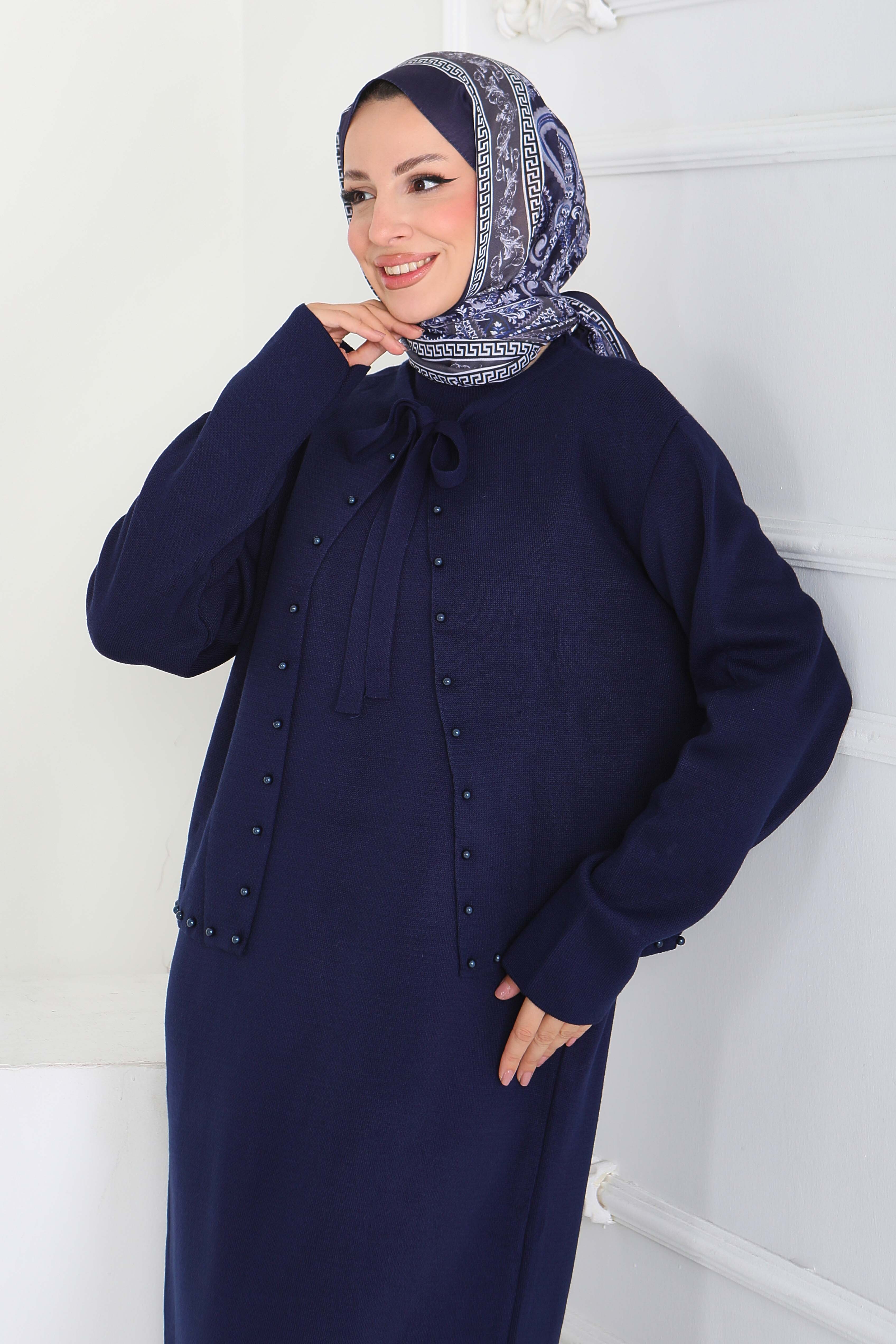 İncili Bolero Elbise Triko Takım - 27928-LACIVERT - 3