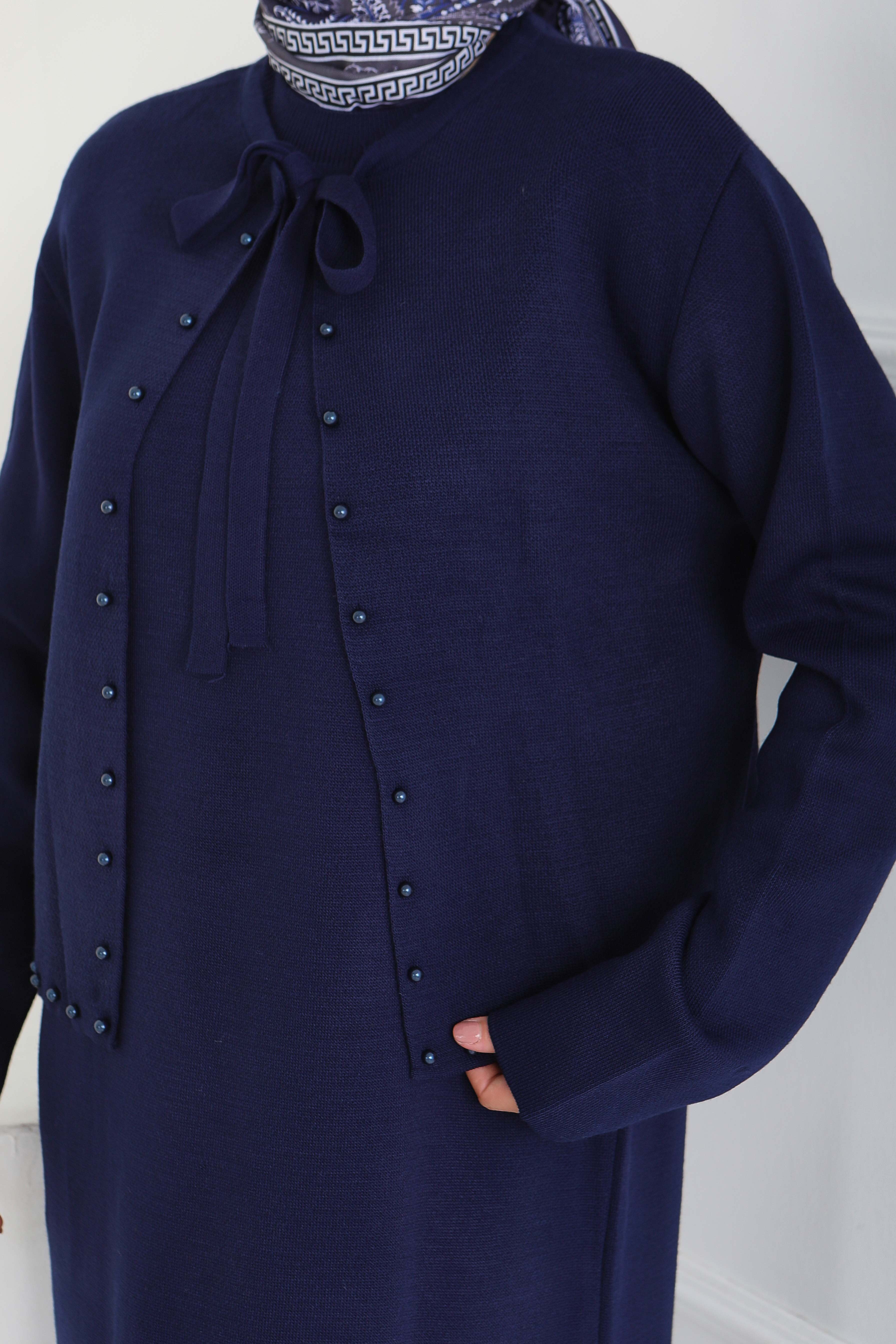 İncili Bolero Elbise Triko Takım - 27928-LACIVERT - 4