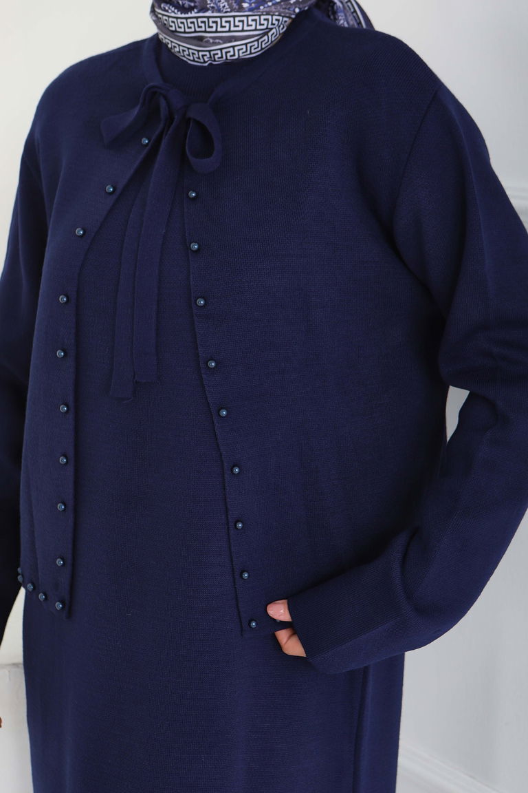 İncili Bolero Elbise Triko Takım - 27928-LACIVERT - TOFİSA