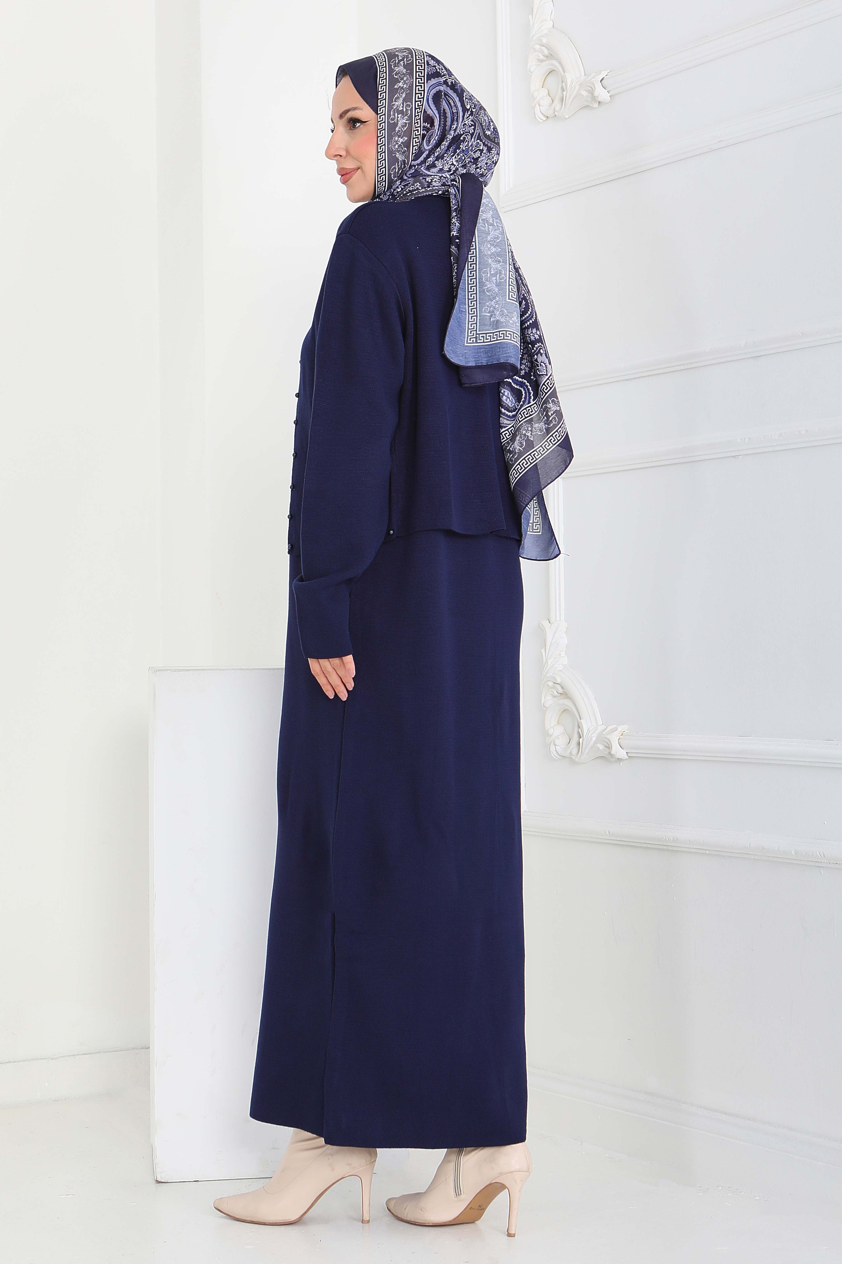 İncili Bolero Elbise Triko Takım - 27928-LACIVERT - 5