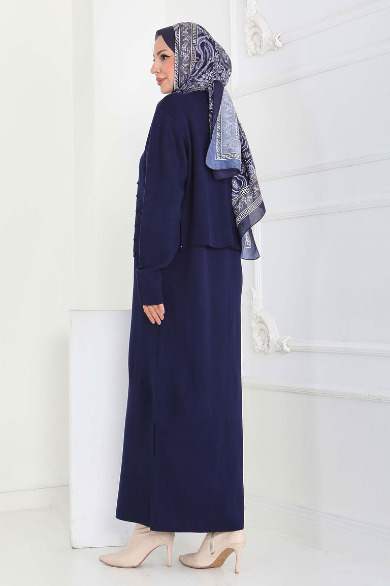 İncili Bolero Elbise Triko Takım - 27928-LACIVERT - TOFİSA