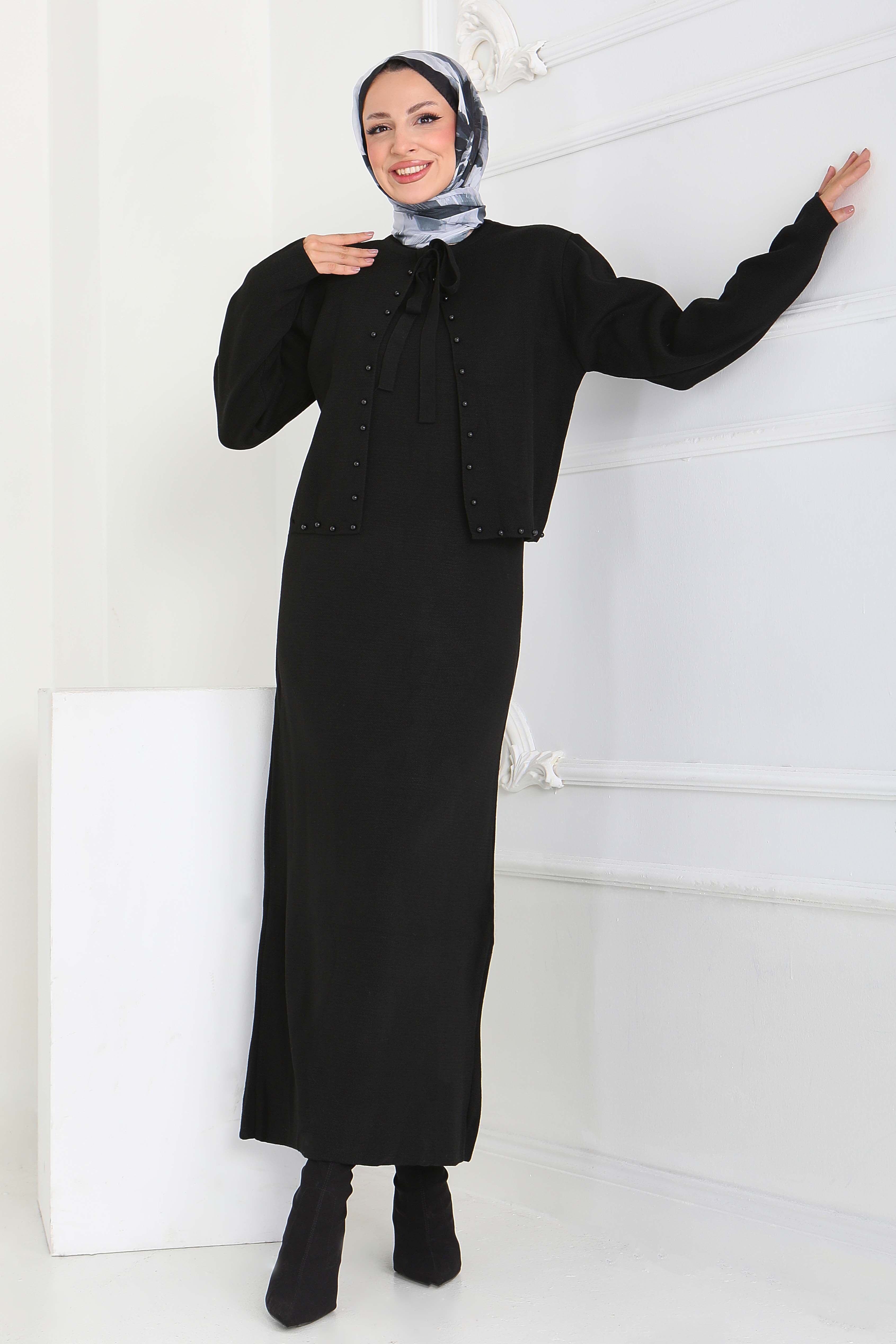 İncili Bolero Elbise Triko Takım - 27928-SIYAH - 1